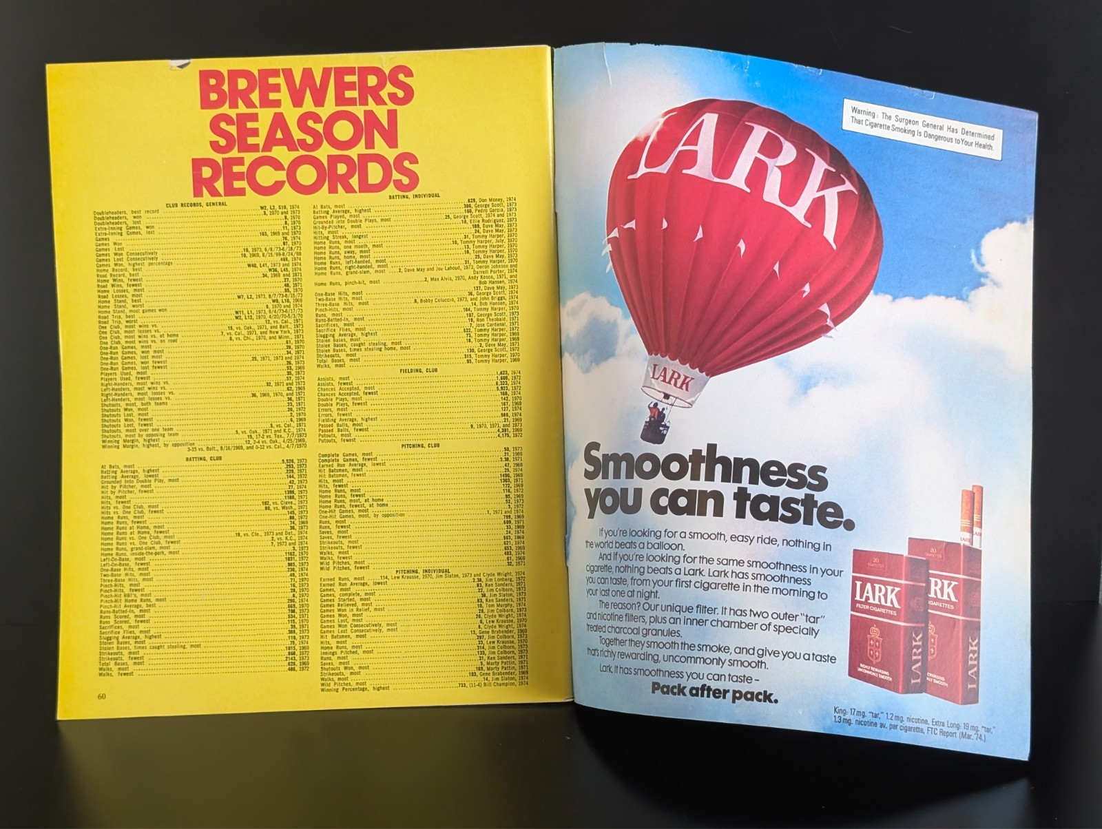 1975 VINTAGE MILWAUKEE BREWERS OFFICIAL SCOREBOOK MAGAZINE HANK is HOME (fl)