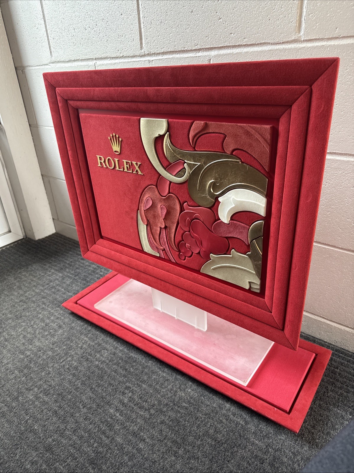Original Rolex Dealer Display Set Red Velvet Floral Sign w/ Base 26.5” x 20.5”