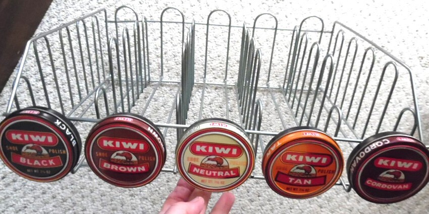2 Vintage Store Display KIWI Shoe Polish Shoe Shine Metal Racks, red one rotates