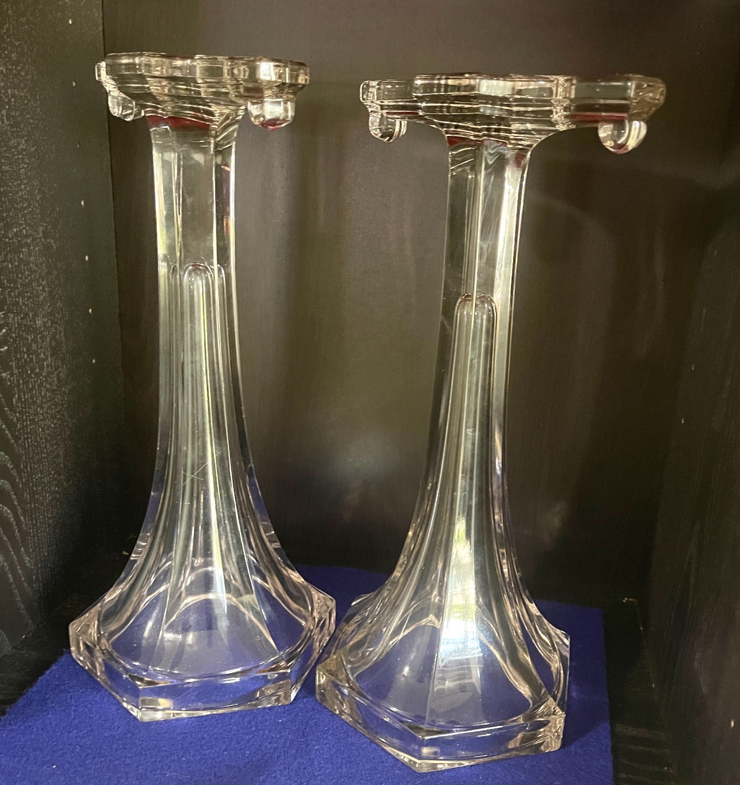 2 Vintage Art Deco Elegant Glass Shelf Risers Display Column Stands 12 1/4″ H