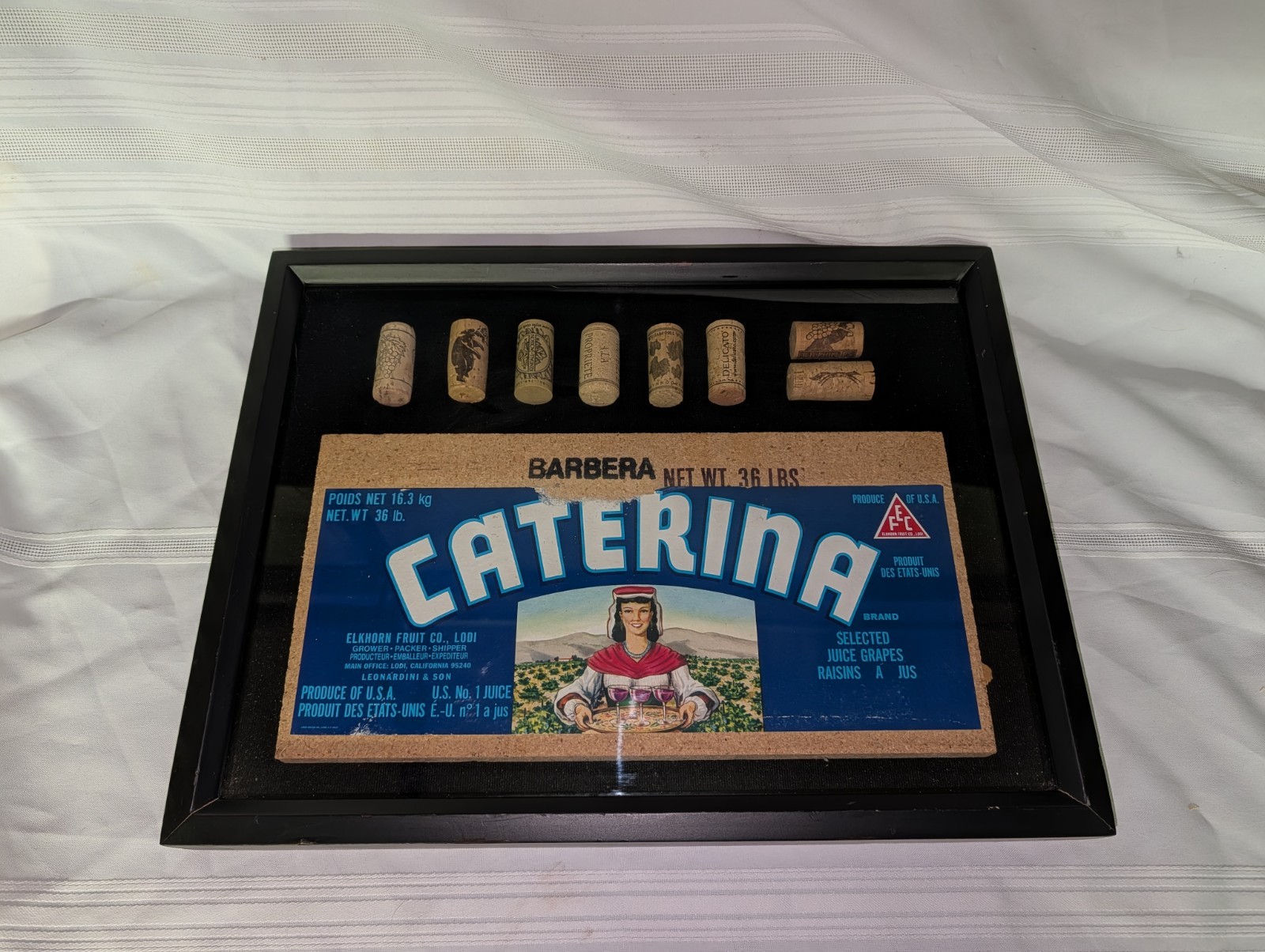 Vintage Caterina Grape Crate & Wine Cork Shadow Box Advertising Display 16 3/4″