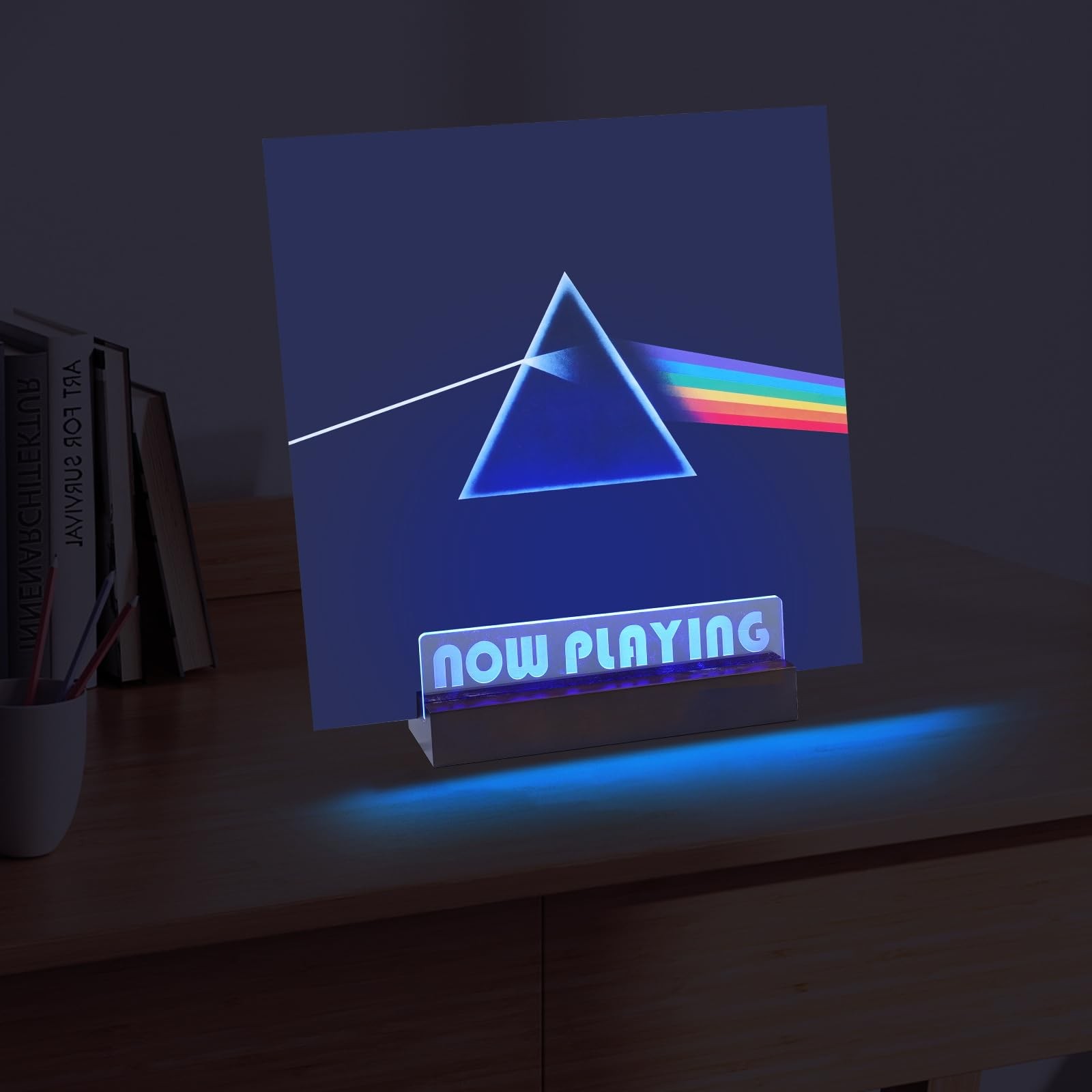 ZEDKEHO Now Playing Vinyl Record Stand – LED Light Brown