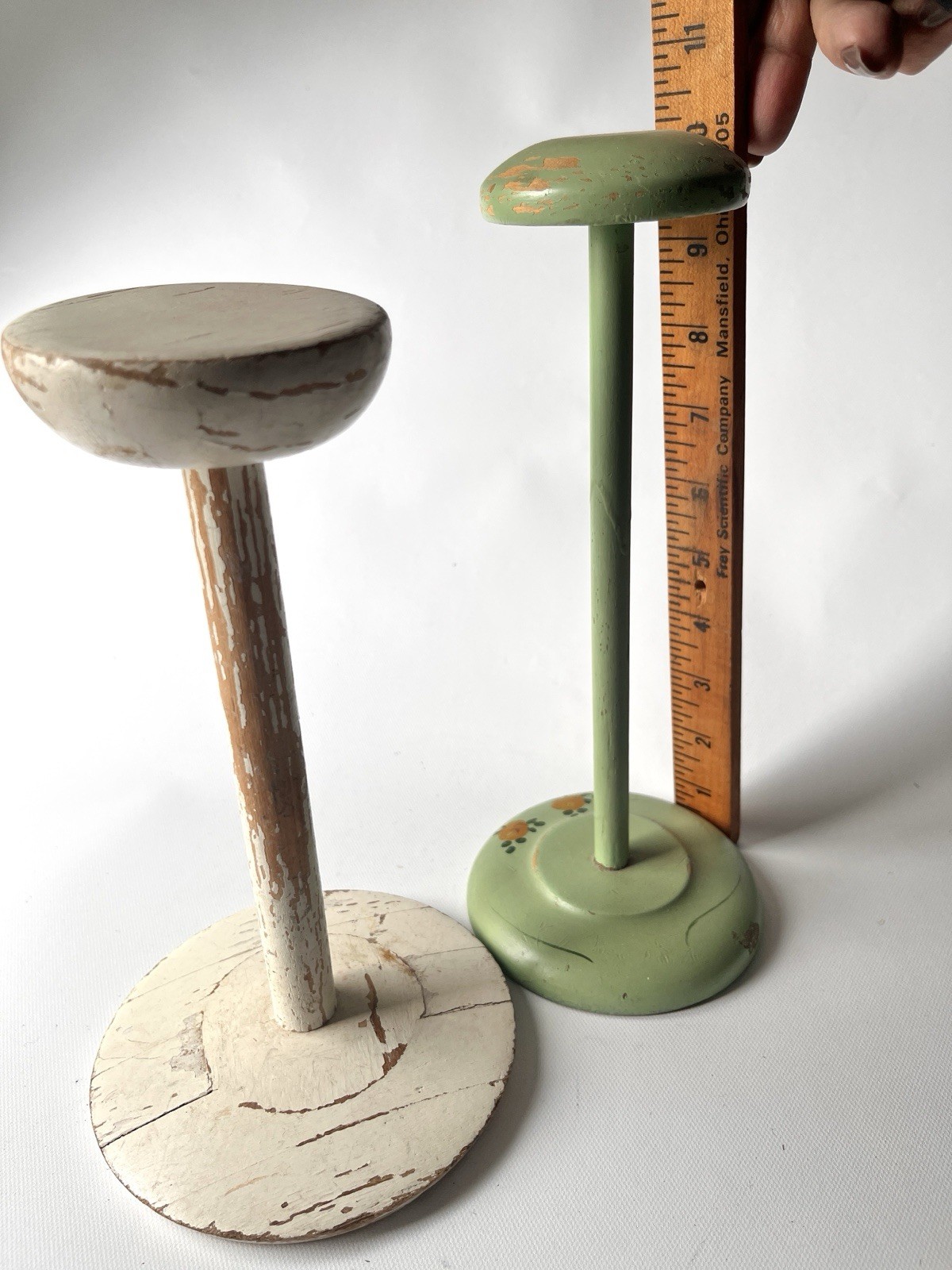 Lot of 2 Vintage Painted Green/White Shabby Wooden Hat Stand Millinery Display