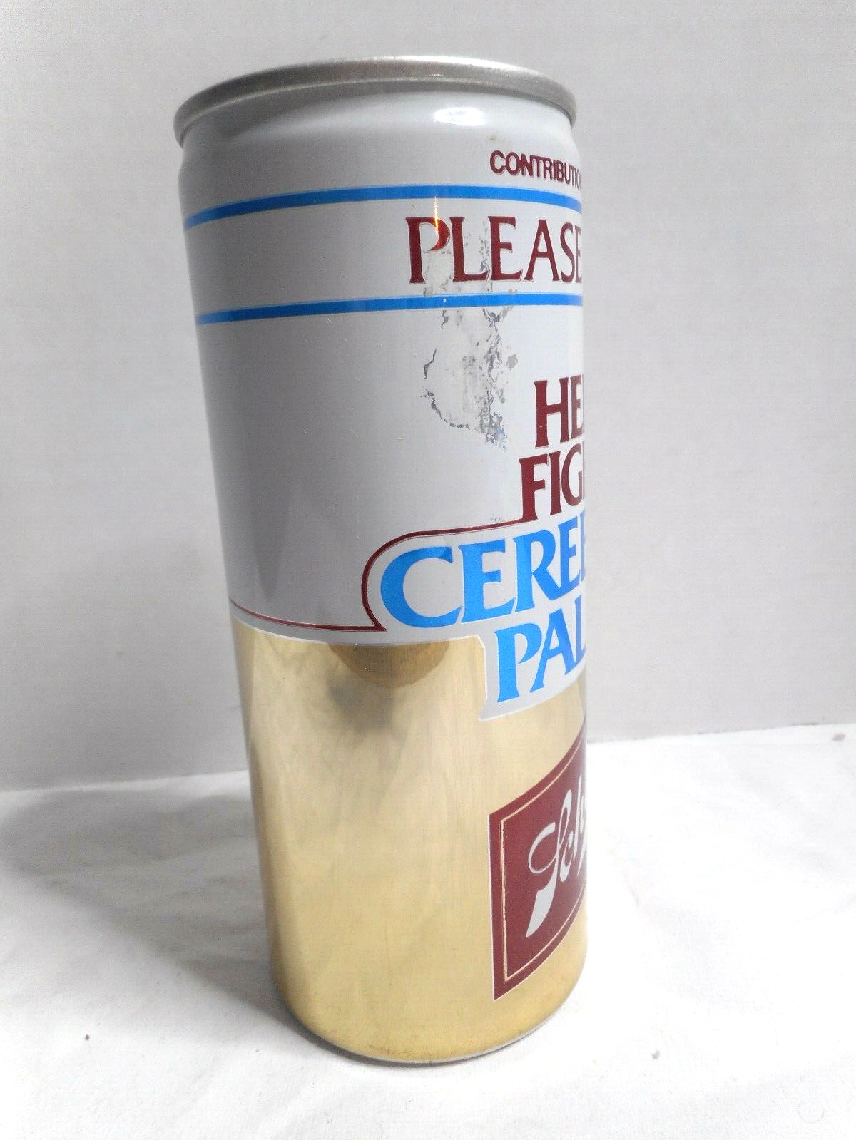 16oz SCHLITZ Beer Cerebral Palsy Metal Contribution Coin Bank Fundraiser 6 1/4″