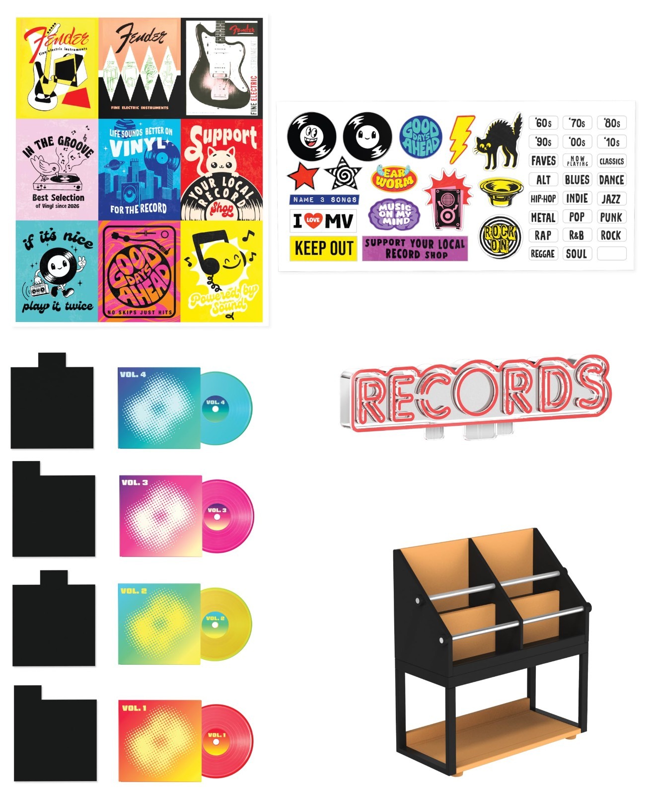 Mini Music Record Shop Display Set, Fender Guitar & Accessories, Customizable Sc