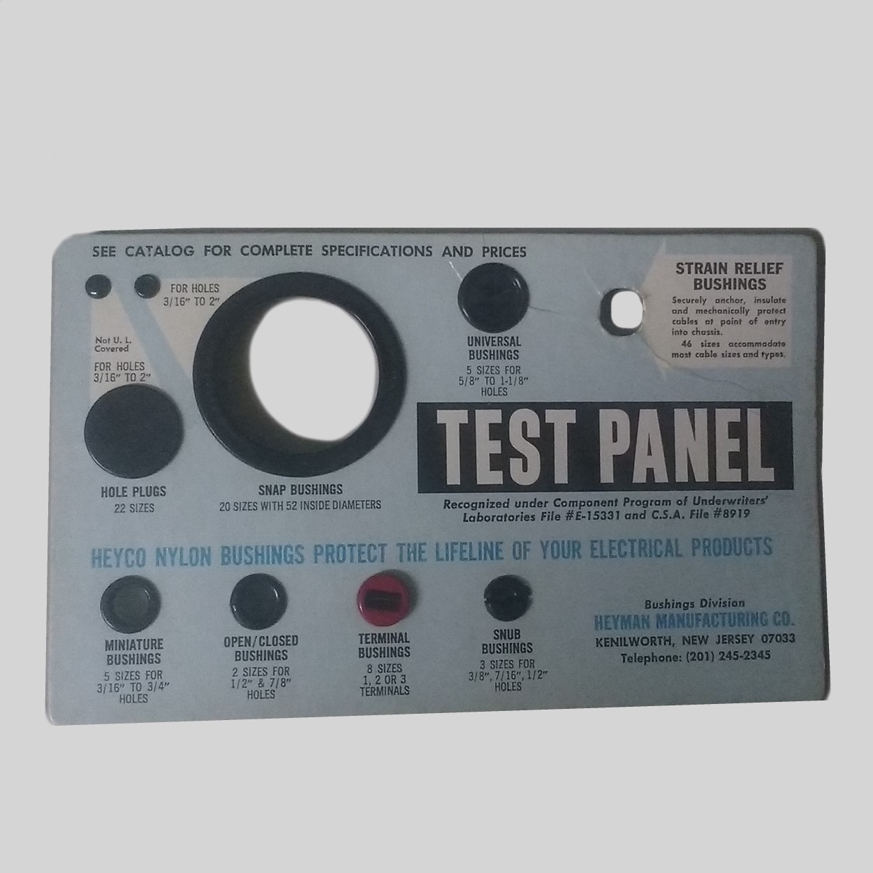 Vintage Electronics Store Display Test Panel HEYCO Bushings from the 1960-70’s