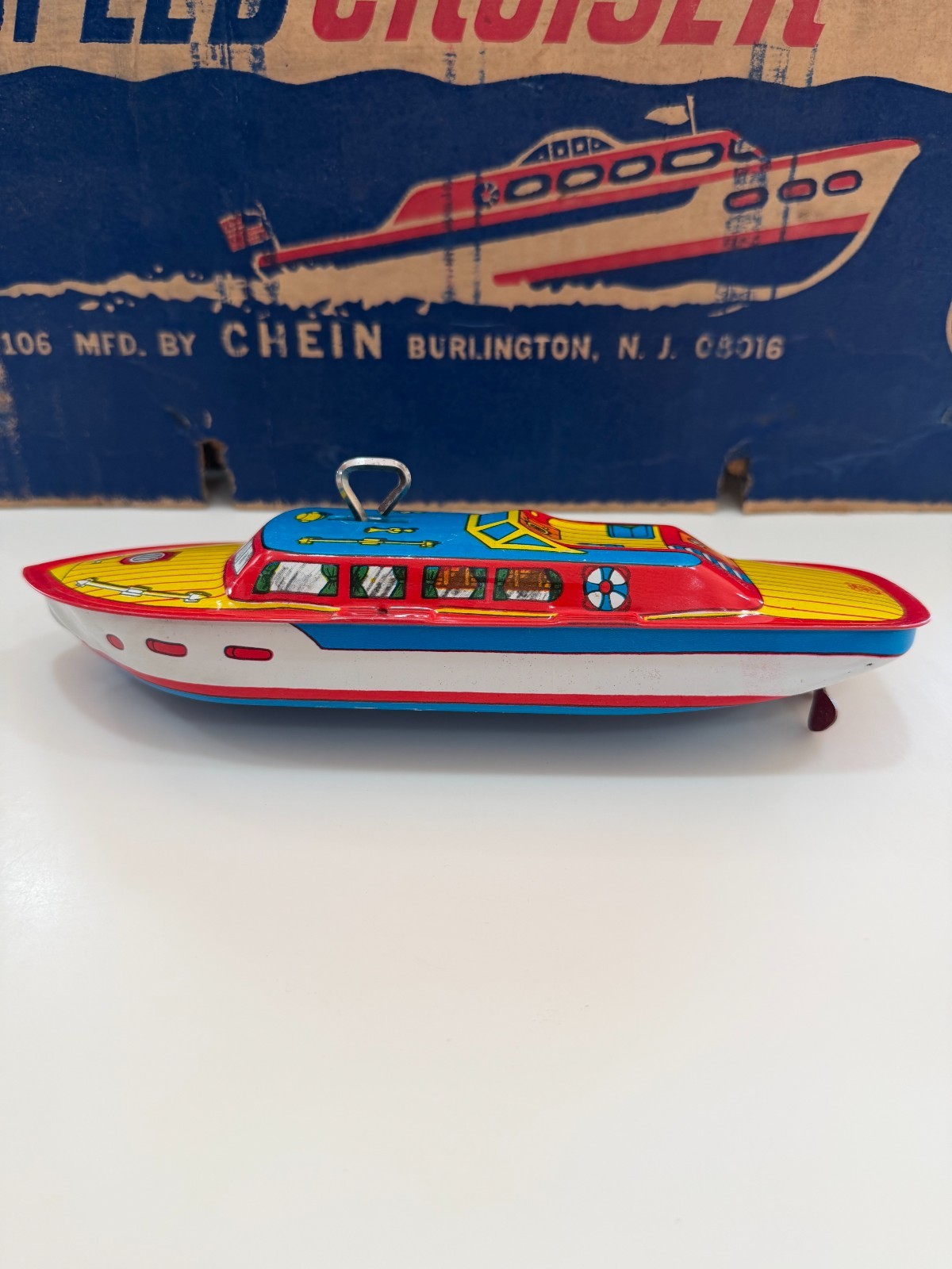 Vintage J. Chein Tin Speed Boat 🚤 NOS from original case-ALL Working Great-Nice