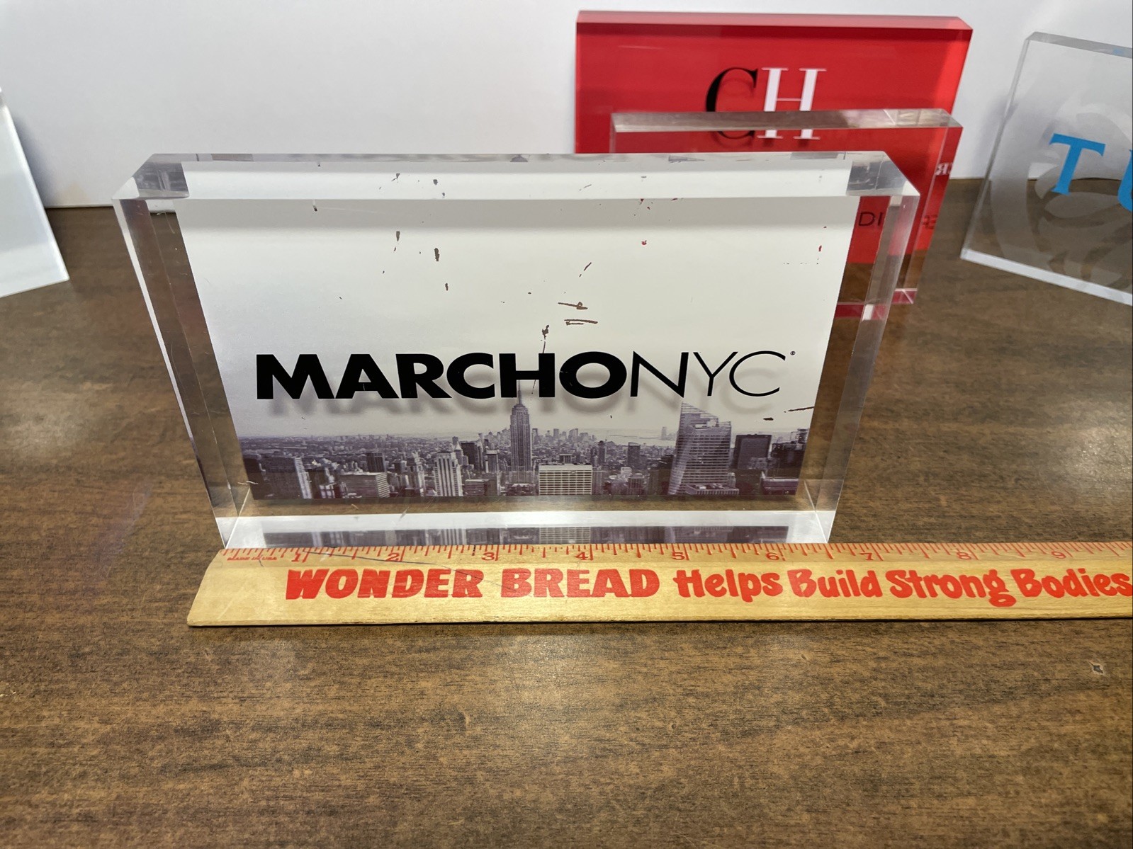 Lot Of 5 Acrylic Retail Advertising Display Signs Paperweights Used