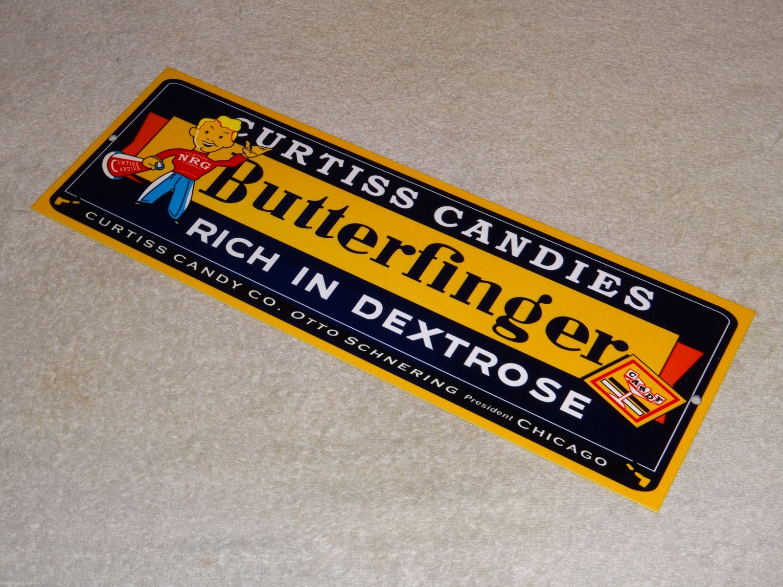 VINTAGE CURTISS CANDIES BUTTERFINGER 15″ METAL CHICAGO CHOCOLATE CANDY BAR SIGN!