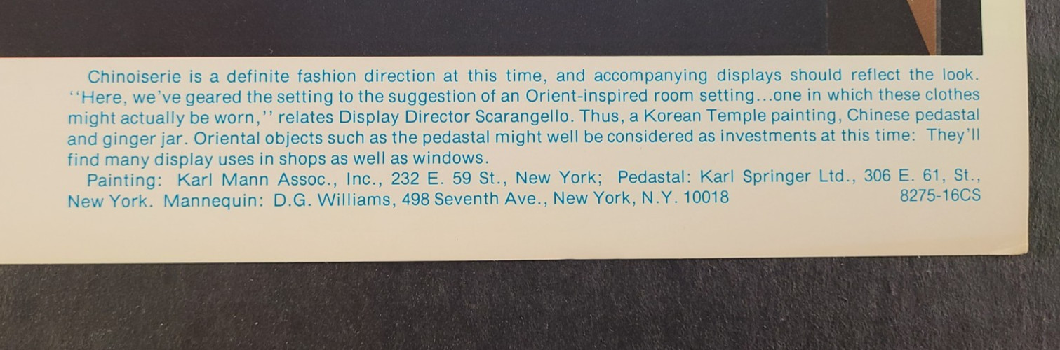 1975 BONWIT TELLER, NY WINDOW DISPLAY PHOTO PRINT CHINOISERIE