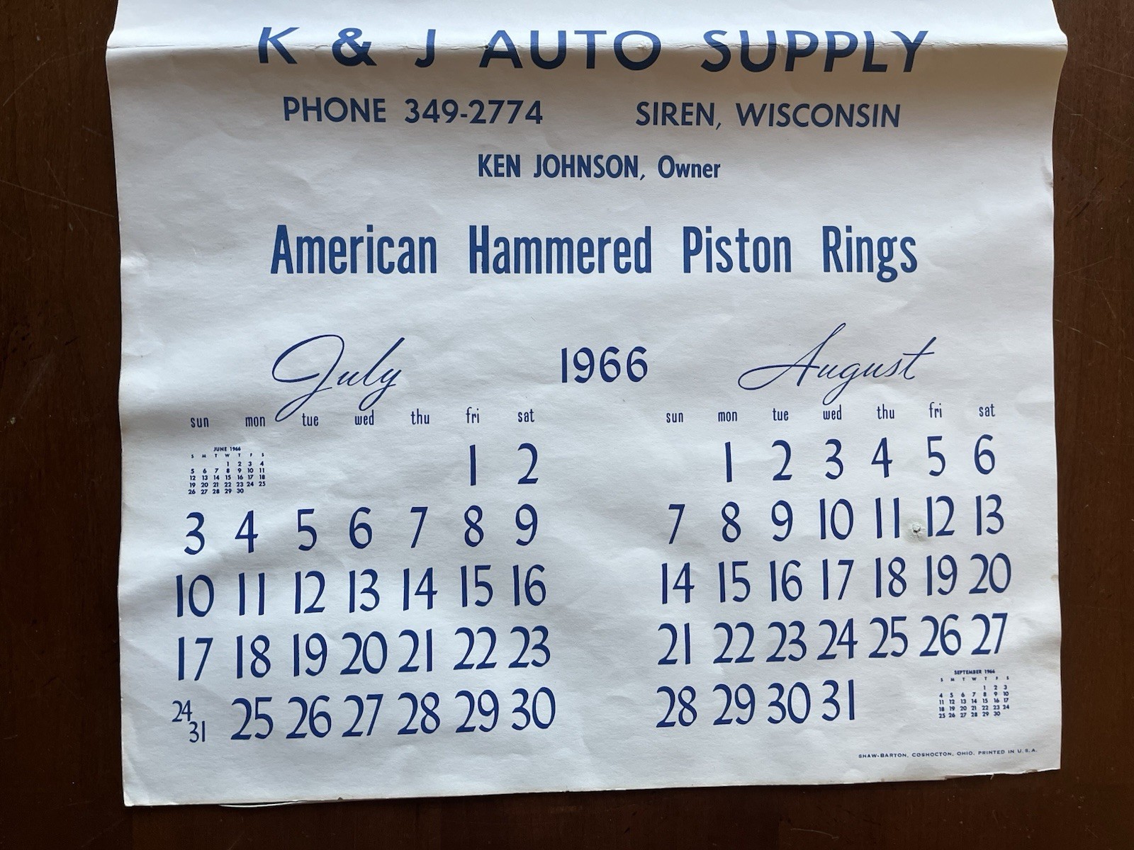 1966 American Hammered Piston Rings Calendar K&J Auto Supply Display Siren WI