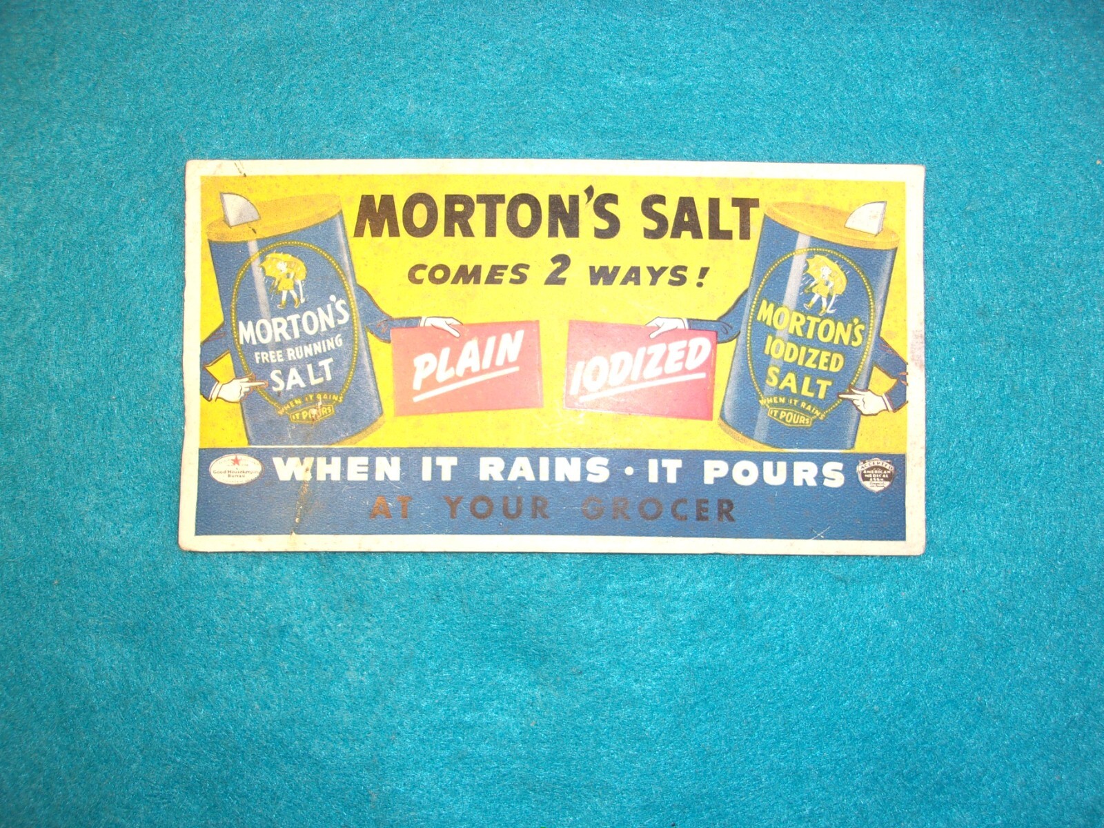 RARE OLD VTG ANTIQUE 1930s? STORE DISPLAY CARD: MORTON’S SALT, COMES IN 2 WAYS!