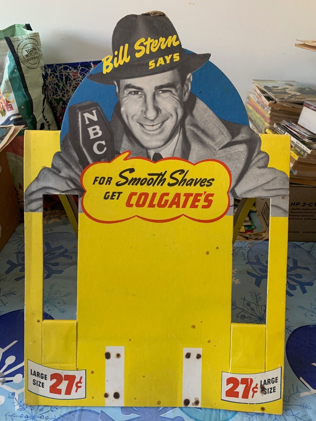 1940s/50s COLGATE SHAVING CREAM CARDBOARD COUNTER STAND UP w NBCs Bill Stern