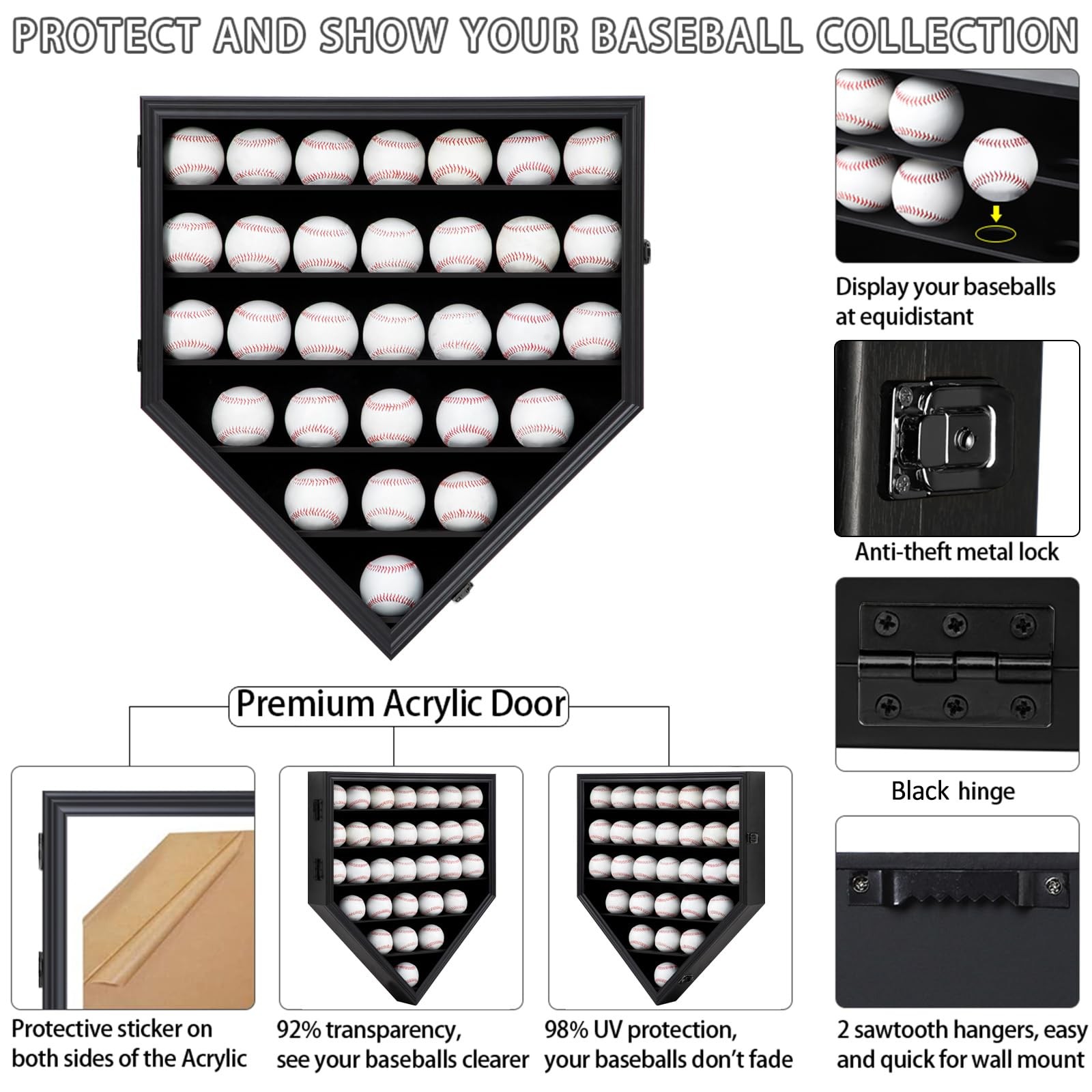 Grintus Baseball Display Case, 30-Ball Holder 30Ball black, Black