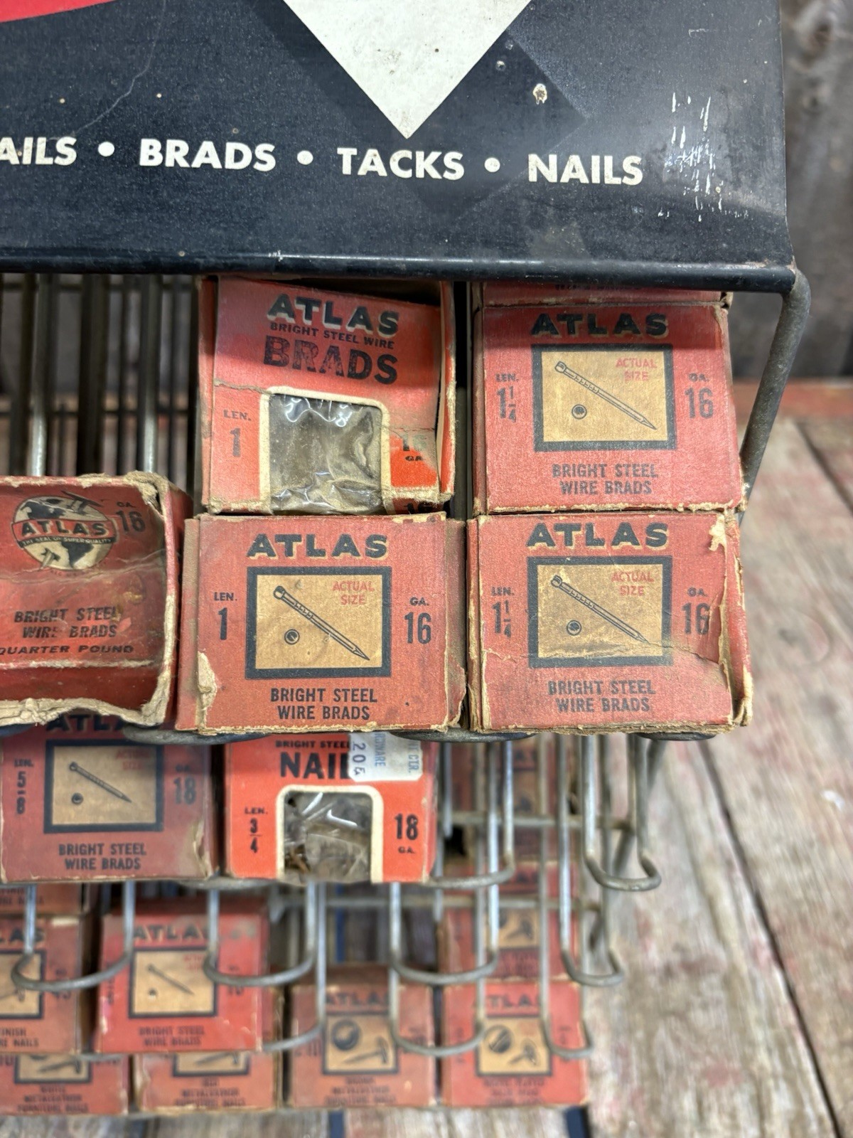 Vintage 60s Hardware Store Atlas Tack & Nail Rack Countertop Display With Boxes