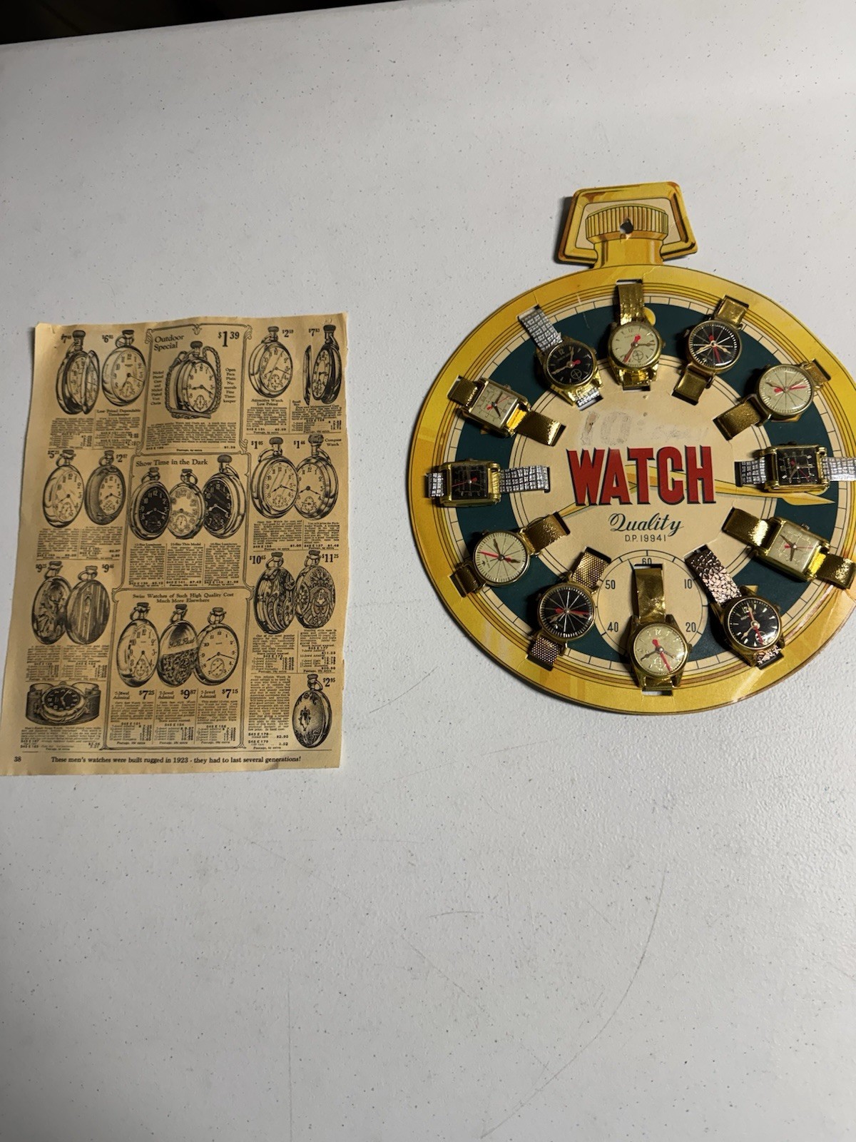 Vtg 1950’s Childrens 12 Toy Wrist Watch Cardboard Store Display Plus 1920s Ad