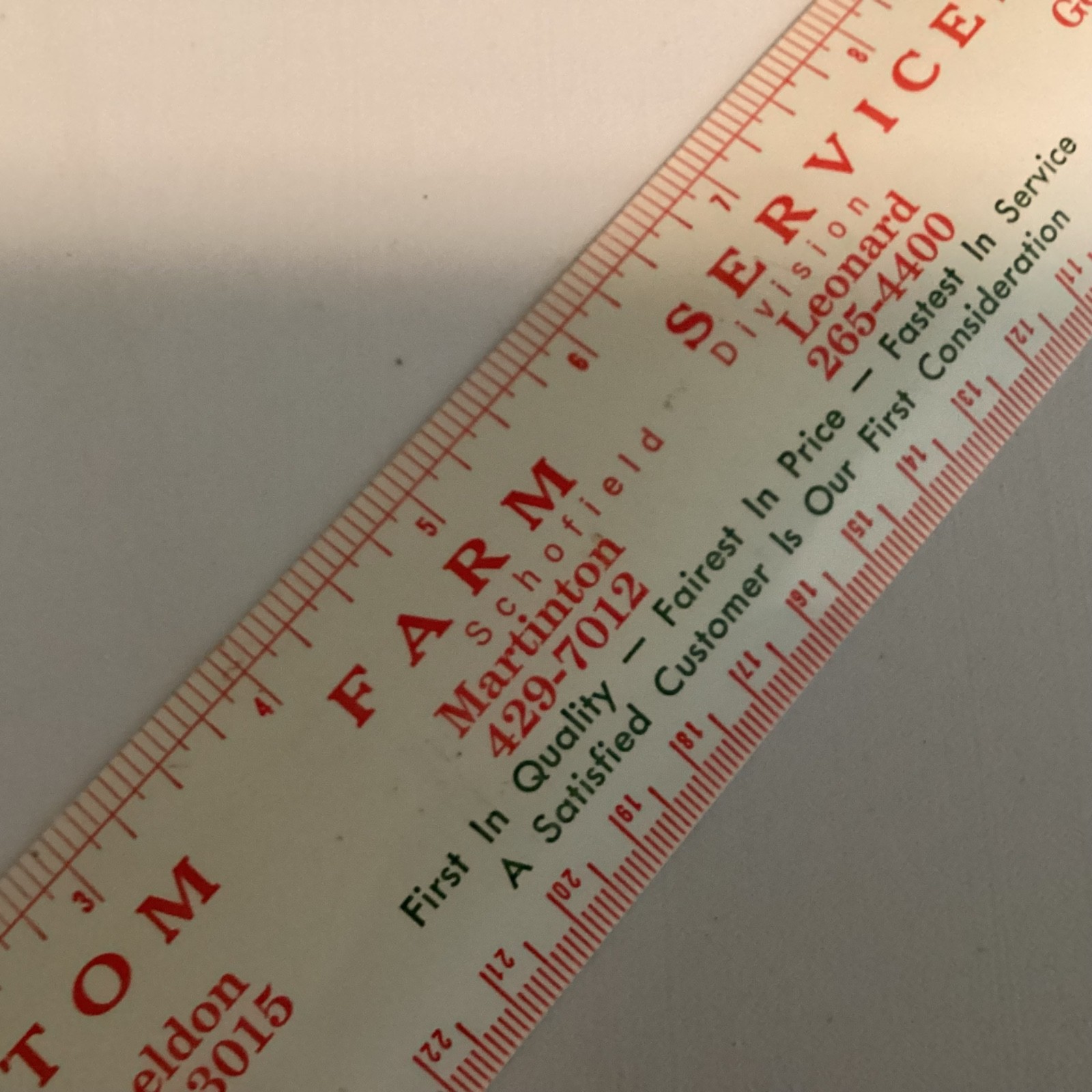 Custom farm services inc vintage metal ruler schofield division