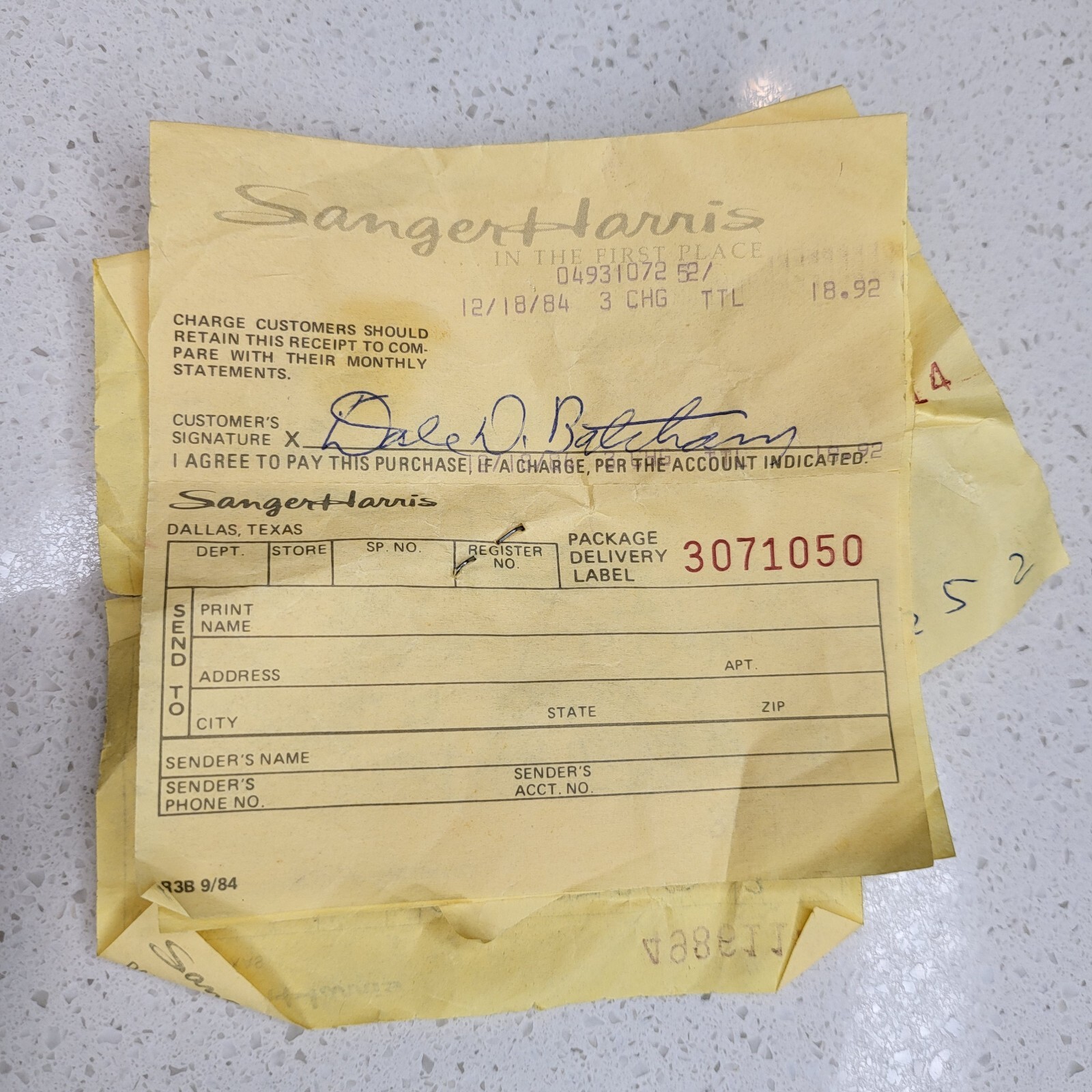 Vintage Antique 1984 Sanger-Harris Department Store Dallas Texas Retail Receipt