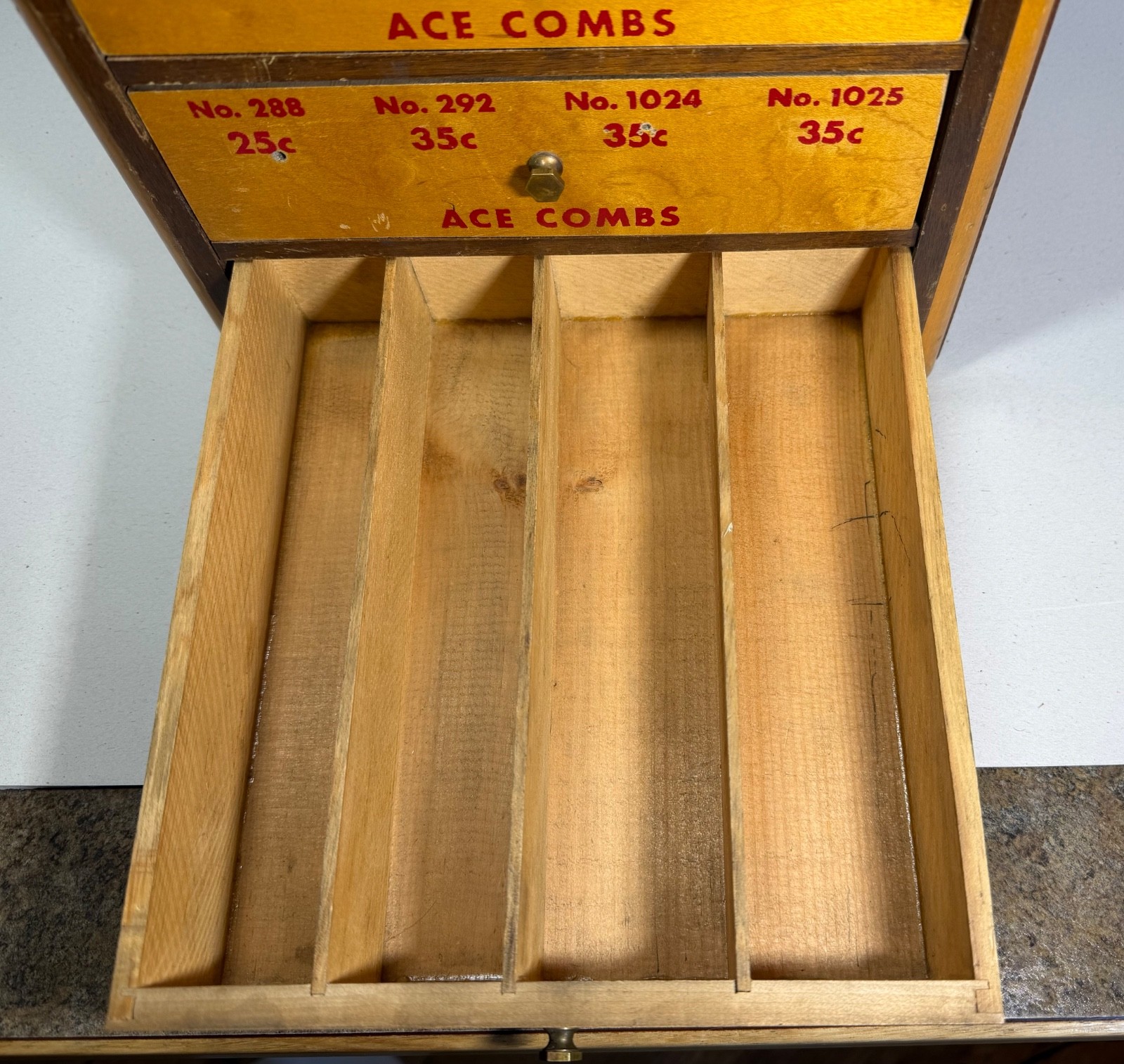 Antique Wooden ACE Combs Store Display Cabinet 4-Drawer, 2 Glass Sides Beautiful