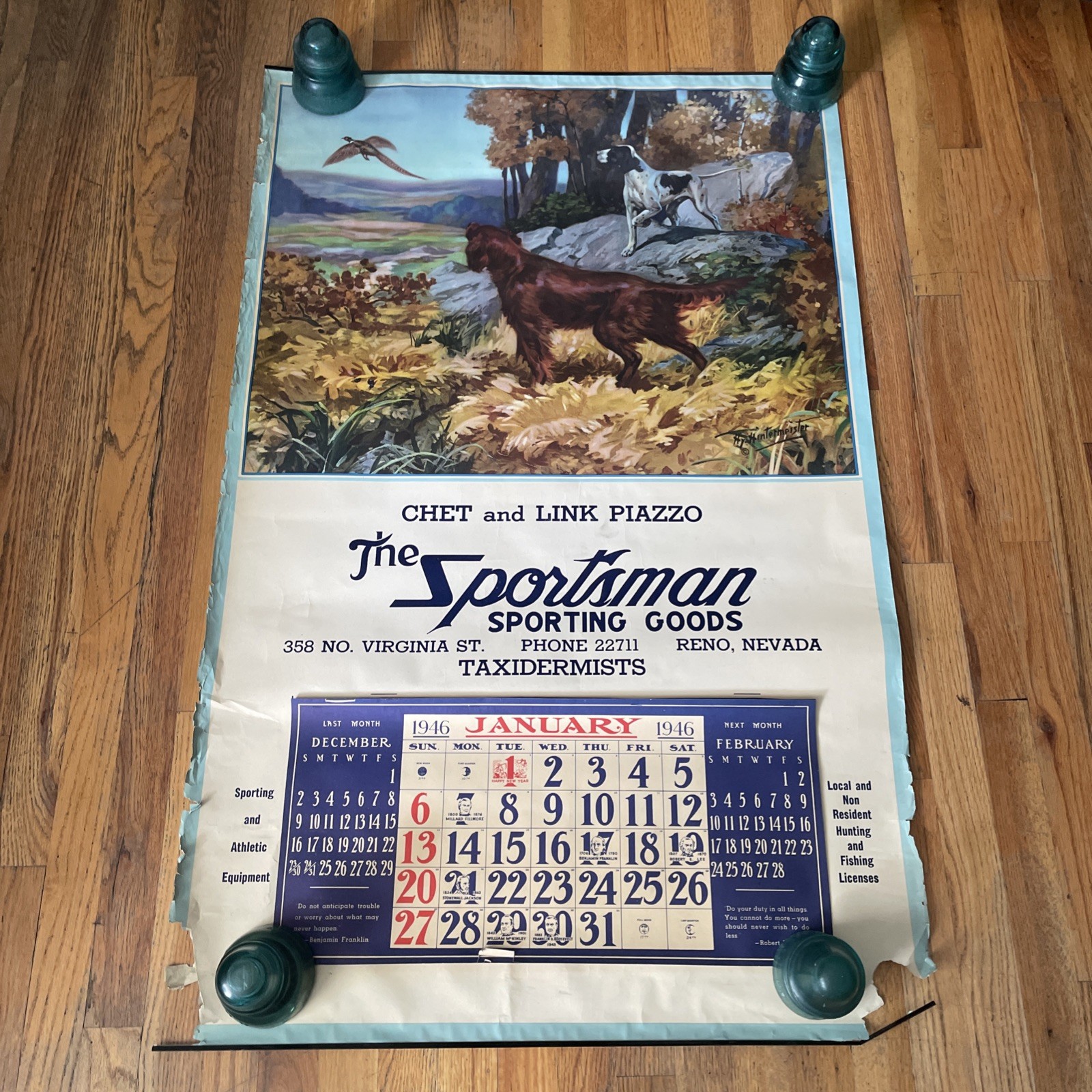 VTG Taxidermy Hunting Gun Store Poster Cal. H. Hintermeister 1946 Sportsman RENO