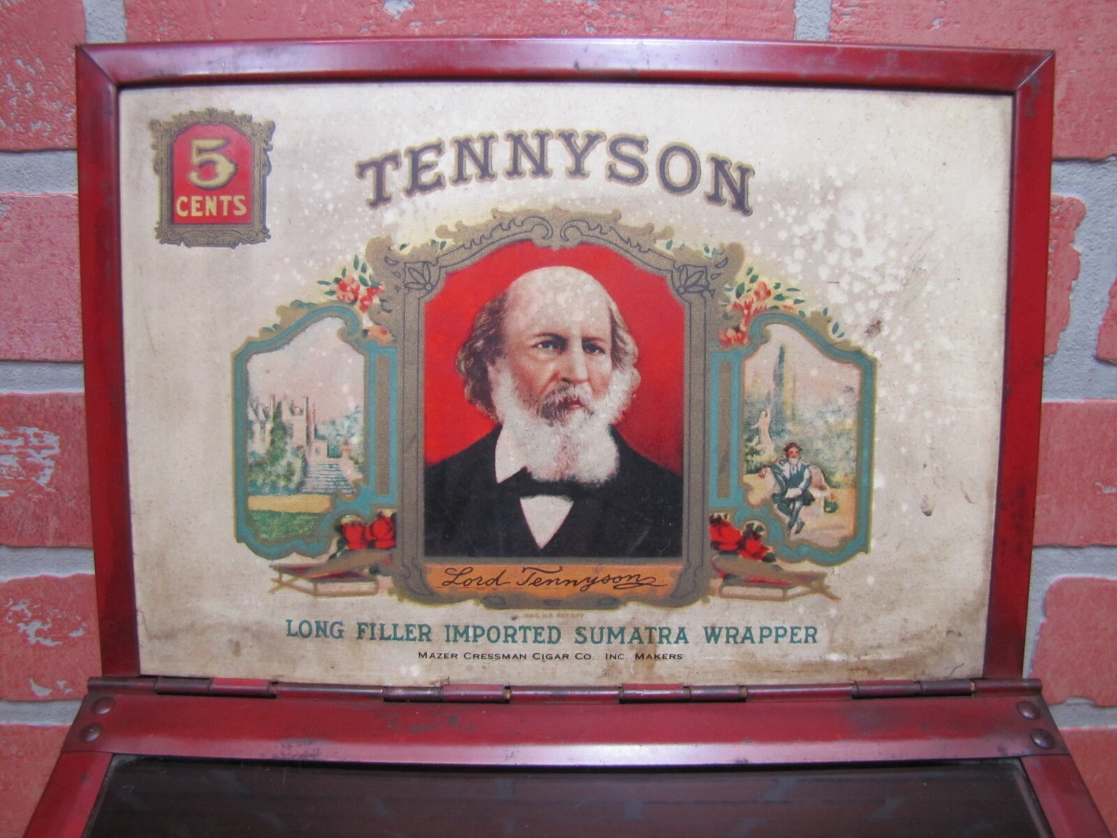 TENNYSON 5c CIGARS Old Store Display Case Sign PROP MAZER-CRESSMAN CADILLAC USA
