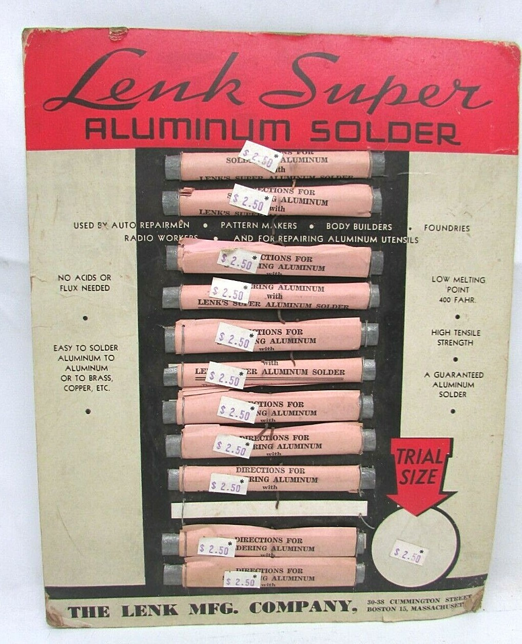 Rare Vintage Lenk 11 Super Aluminum Solder Bars Store Display NOS New 1950s 60s
