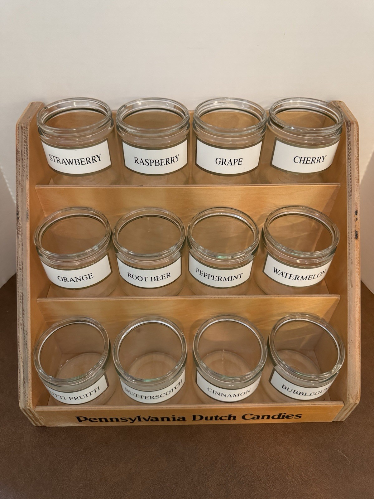 Vtg Pennsylvania Dutch Country Store Candy Counter 3 Shelf Wood & Jars Display