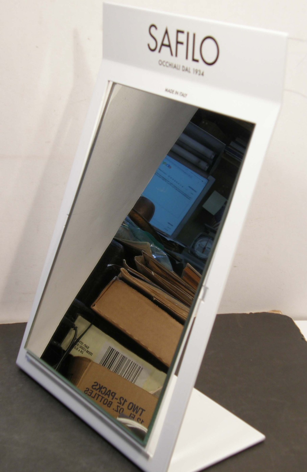SAFILO EYEWEAR ADVERTISING TABLETOP ENAMEL METAL SWIVEL MIRROR OPTICIAN DISPLAY