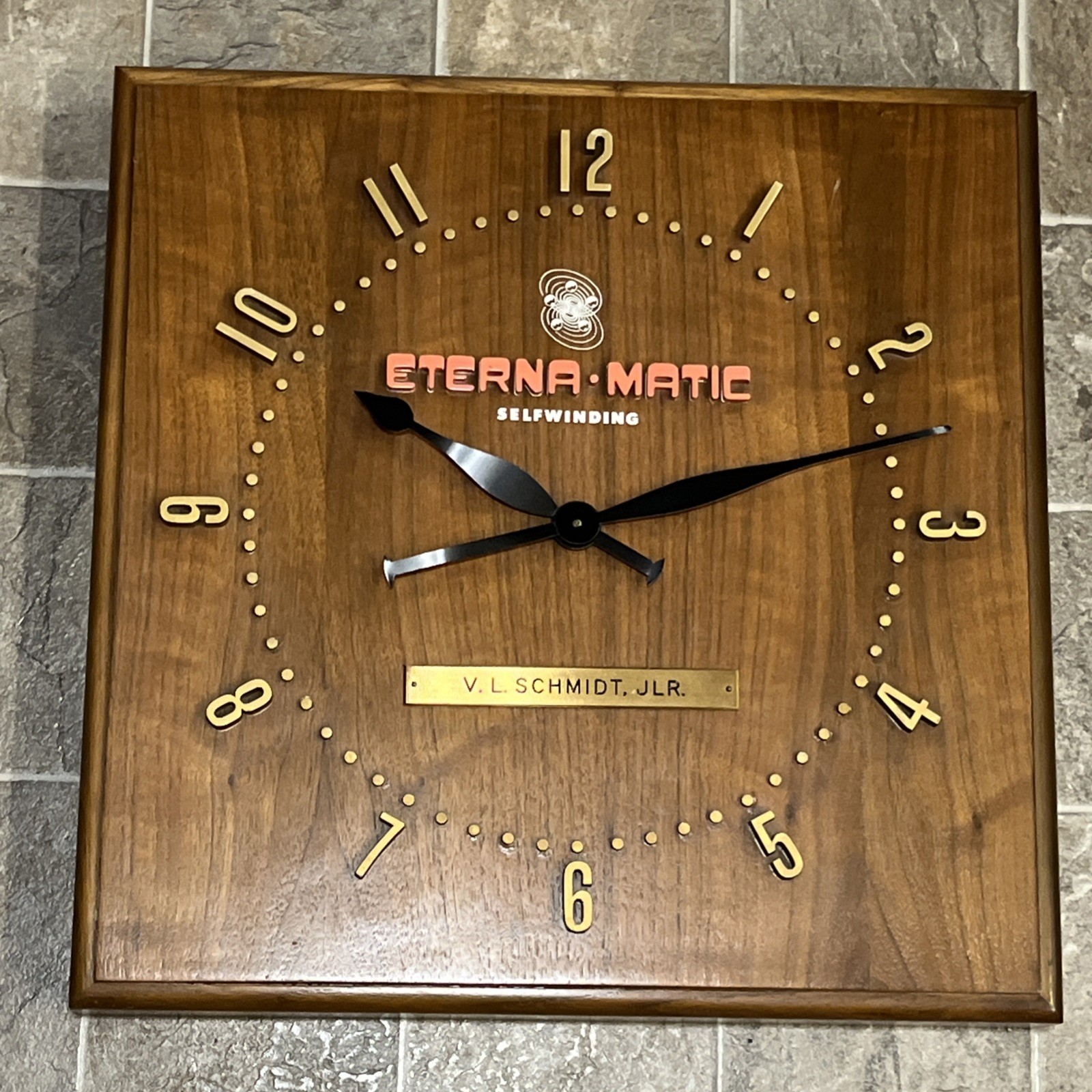Rare Eterna Matic Mid century Wood/Brass Store Display Wall Clock