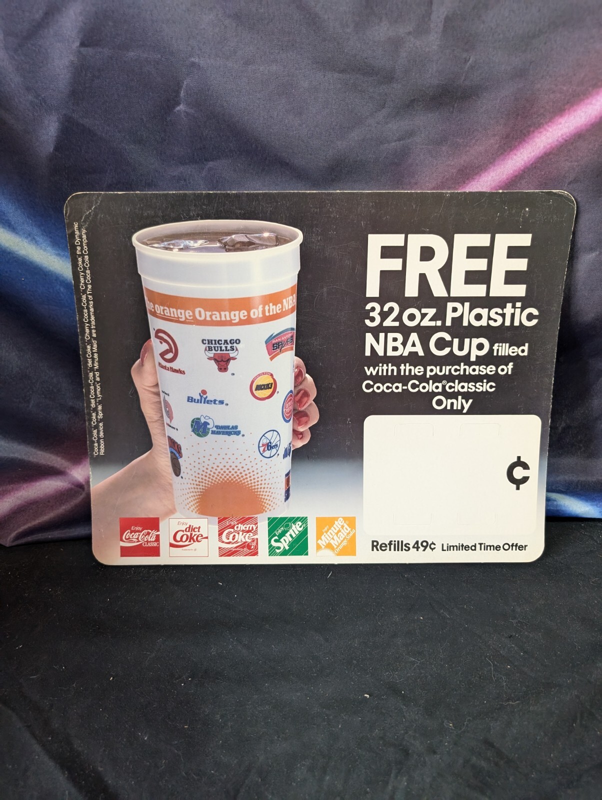80s Coca-Cola NBA Free Cup 11 x 14 Grocery Store Convenience Sign Ad