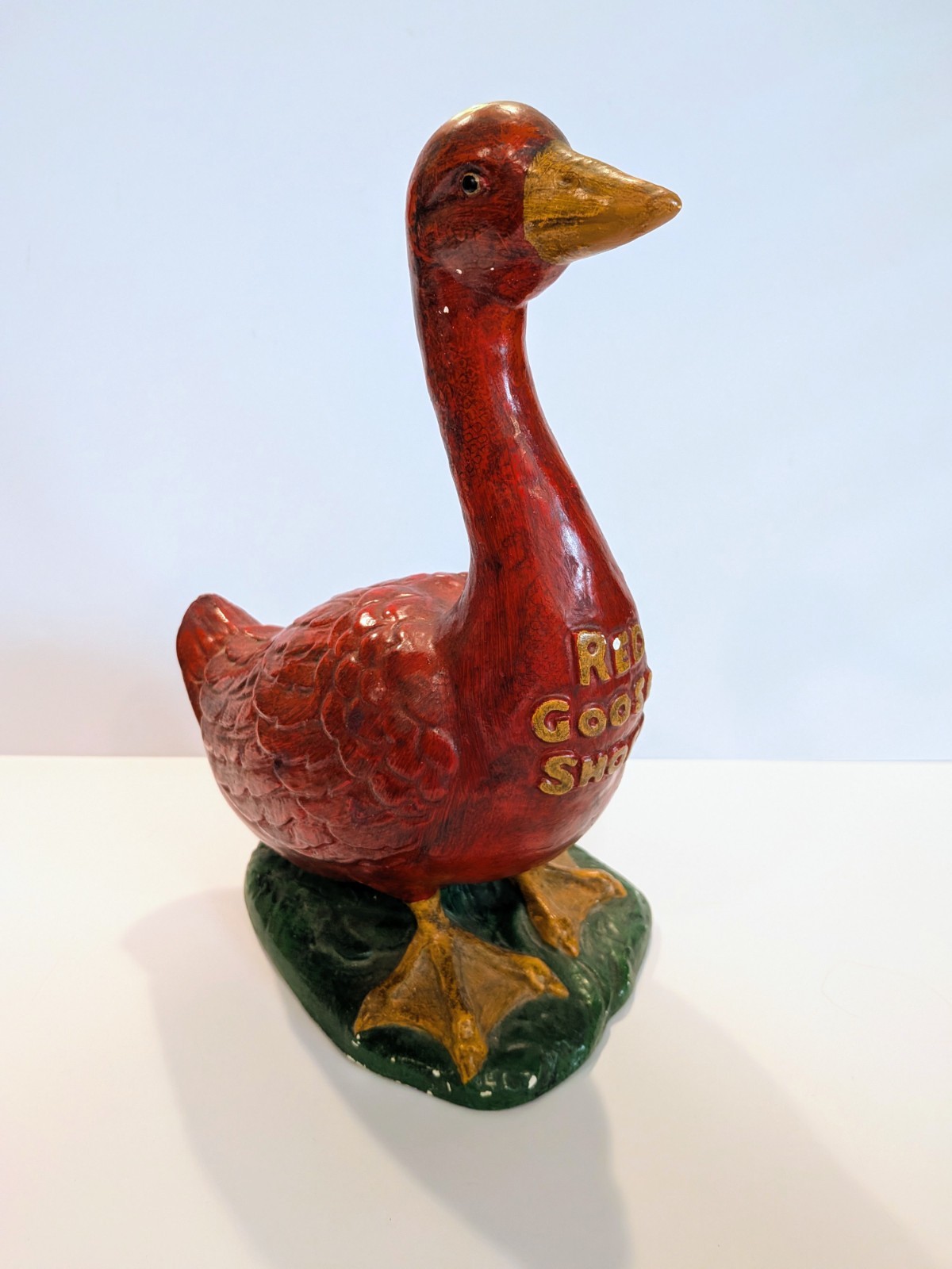 1920s Antique RED GOOSE SHOES Advertising Chalkware Store Display Statue 11.5″
