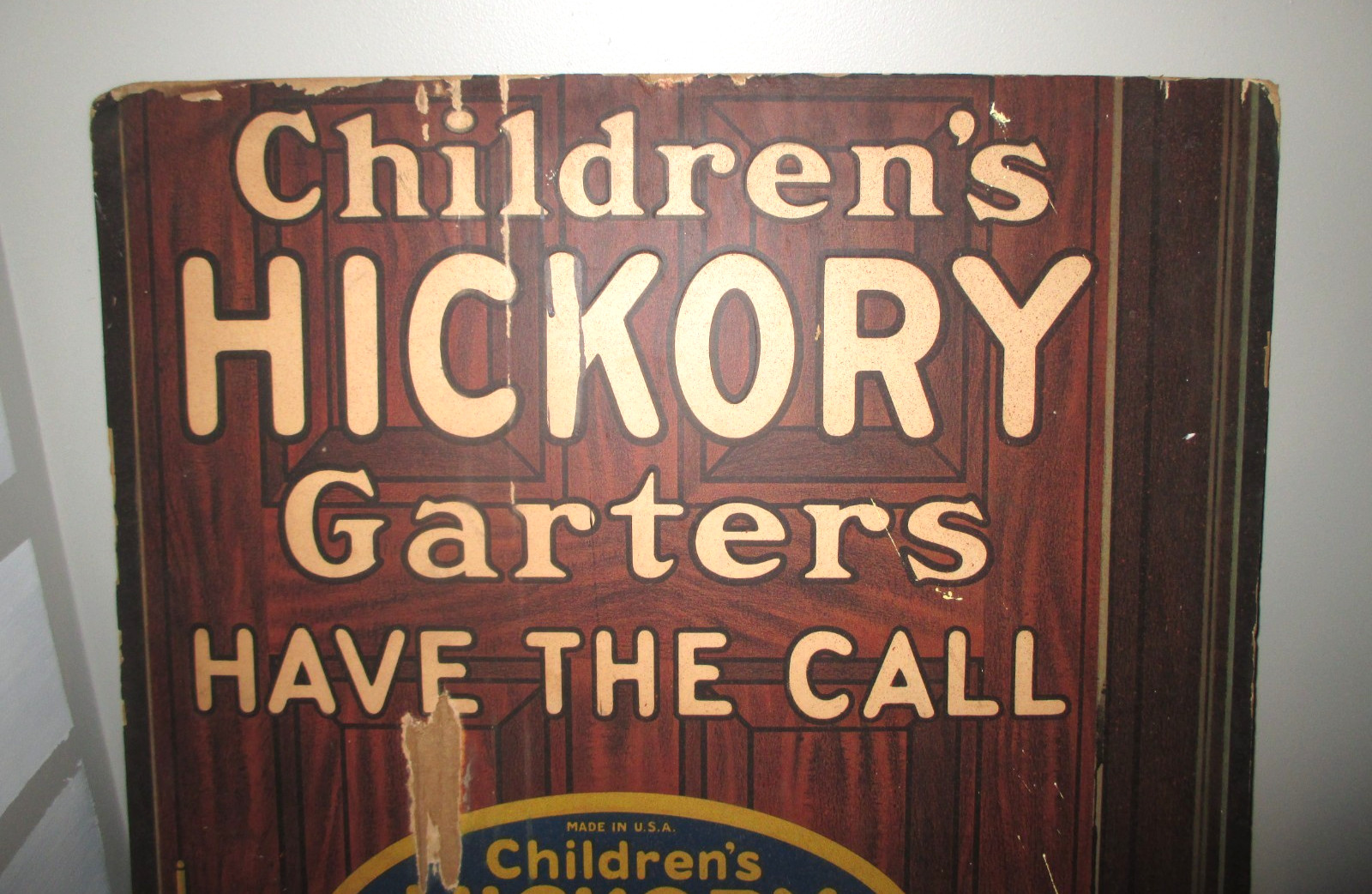 1920’S STORE DISPLAY SIGN-EASEL BACK-CHILDRENS HICKORY GARTERS 32″ CLOTHING