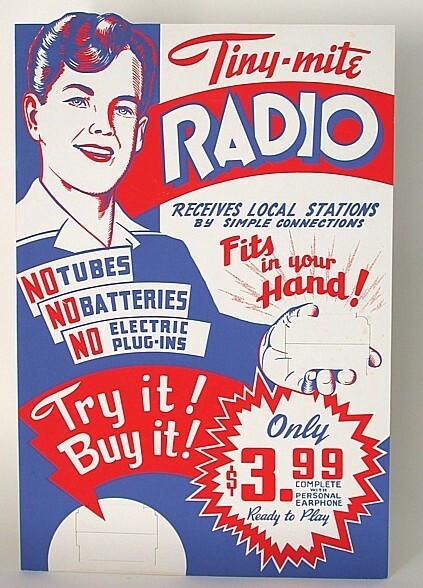 Crystal Radio Store Display Vintage Sign 1950’s No Radios Tiny-Mite Original