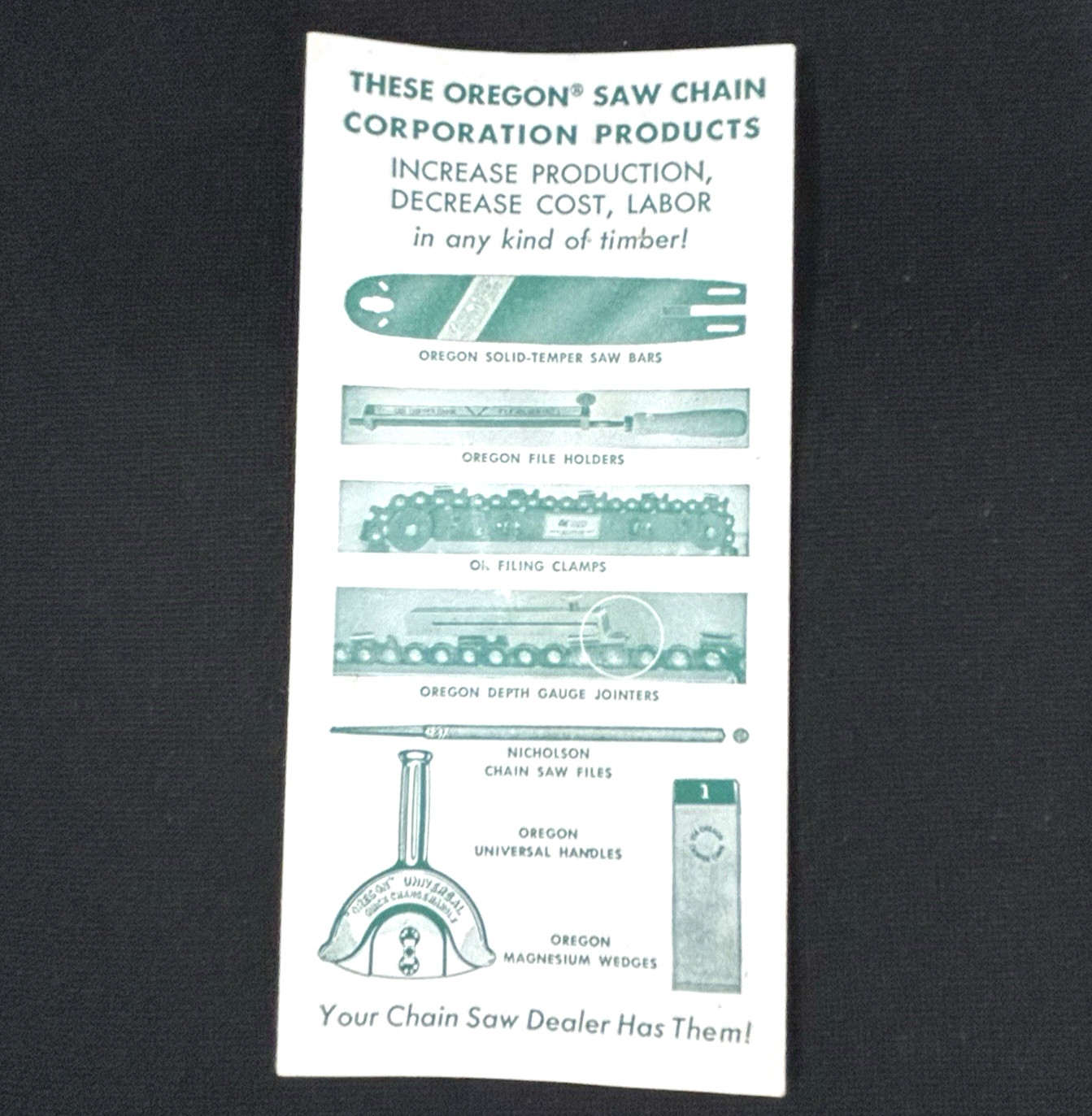 1952 Oregon Chipper Chain Filing Maintenance Leaflet & Guarantee, Advertising