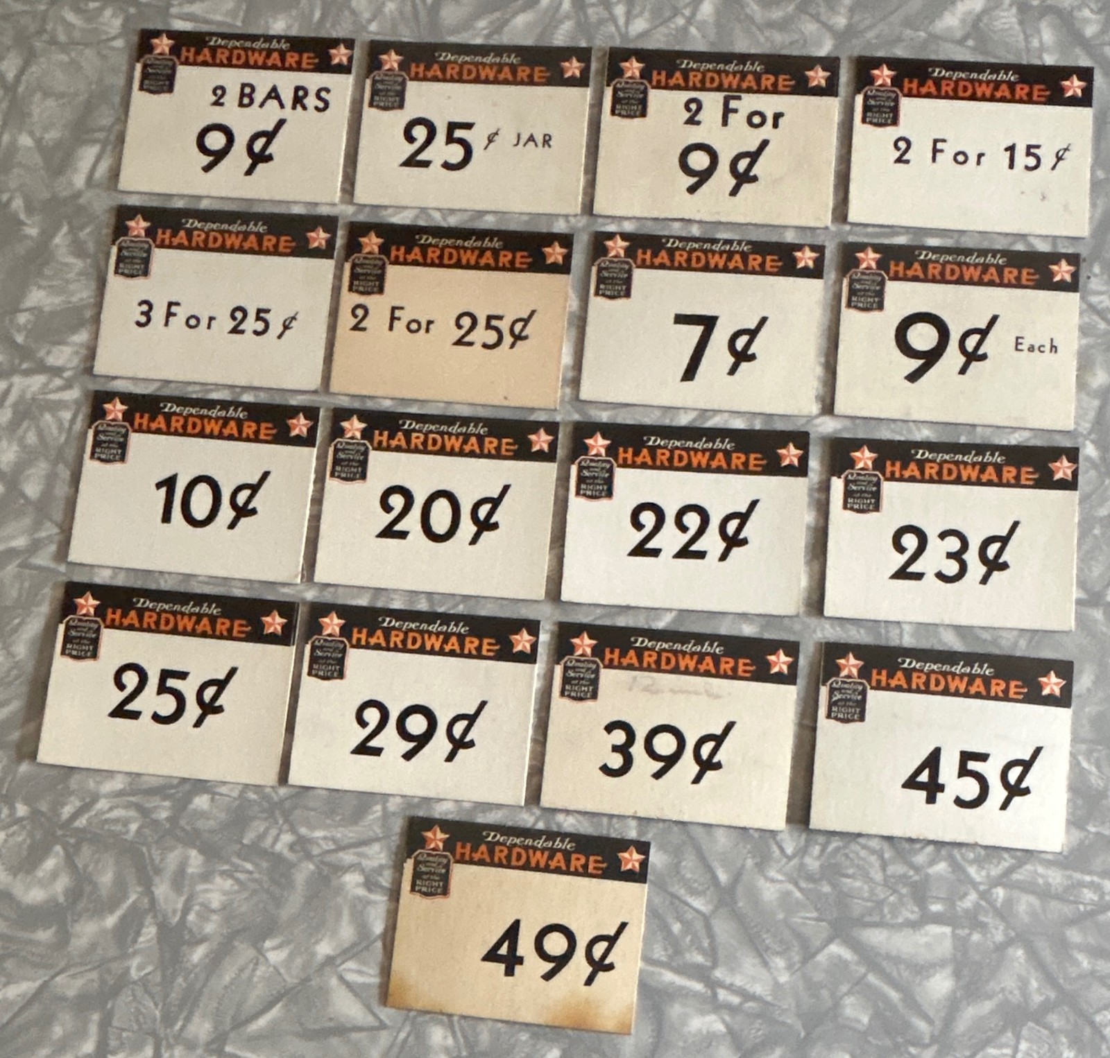 17 DIFF CIRCA 1920’S DEPENDABLE HARDWARE STORE PRICE TAGS CANDY BARS JARS