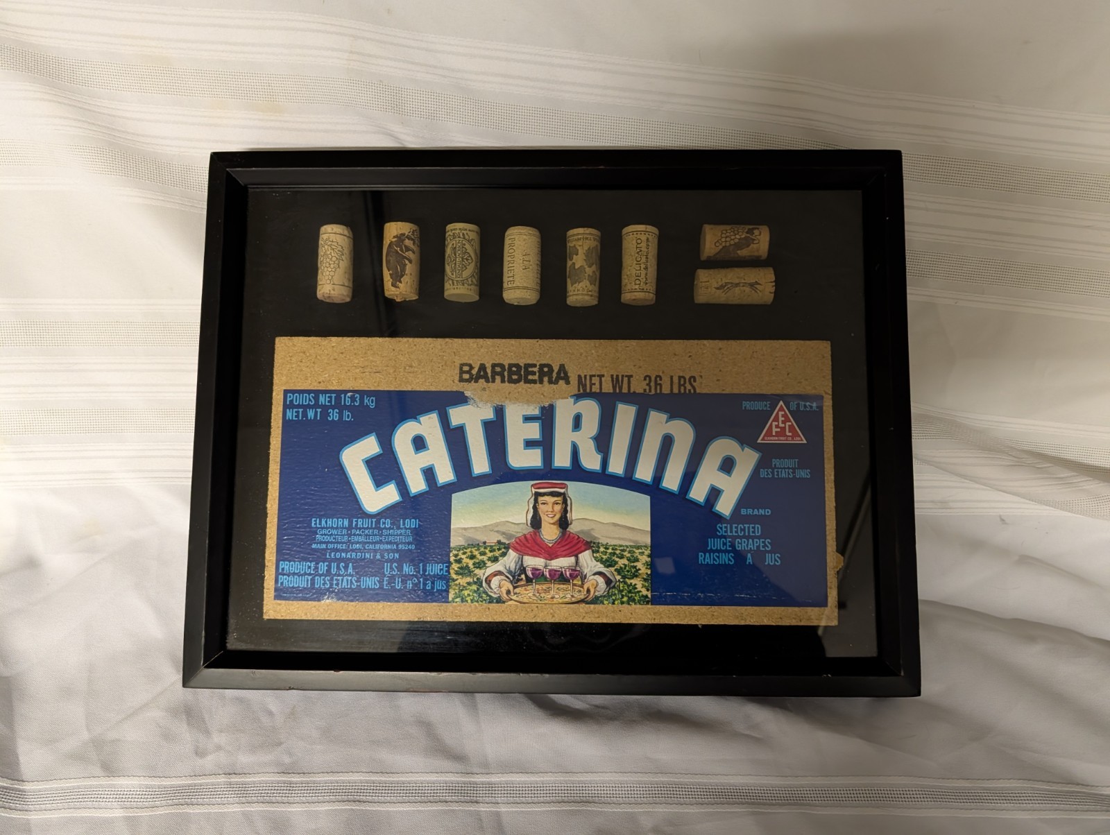 Vintage Caterina Grape Crate & Wine Cork Shadow Box Advertising Display 16 3/4″