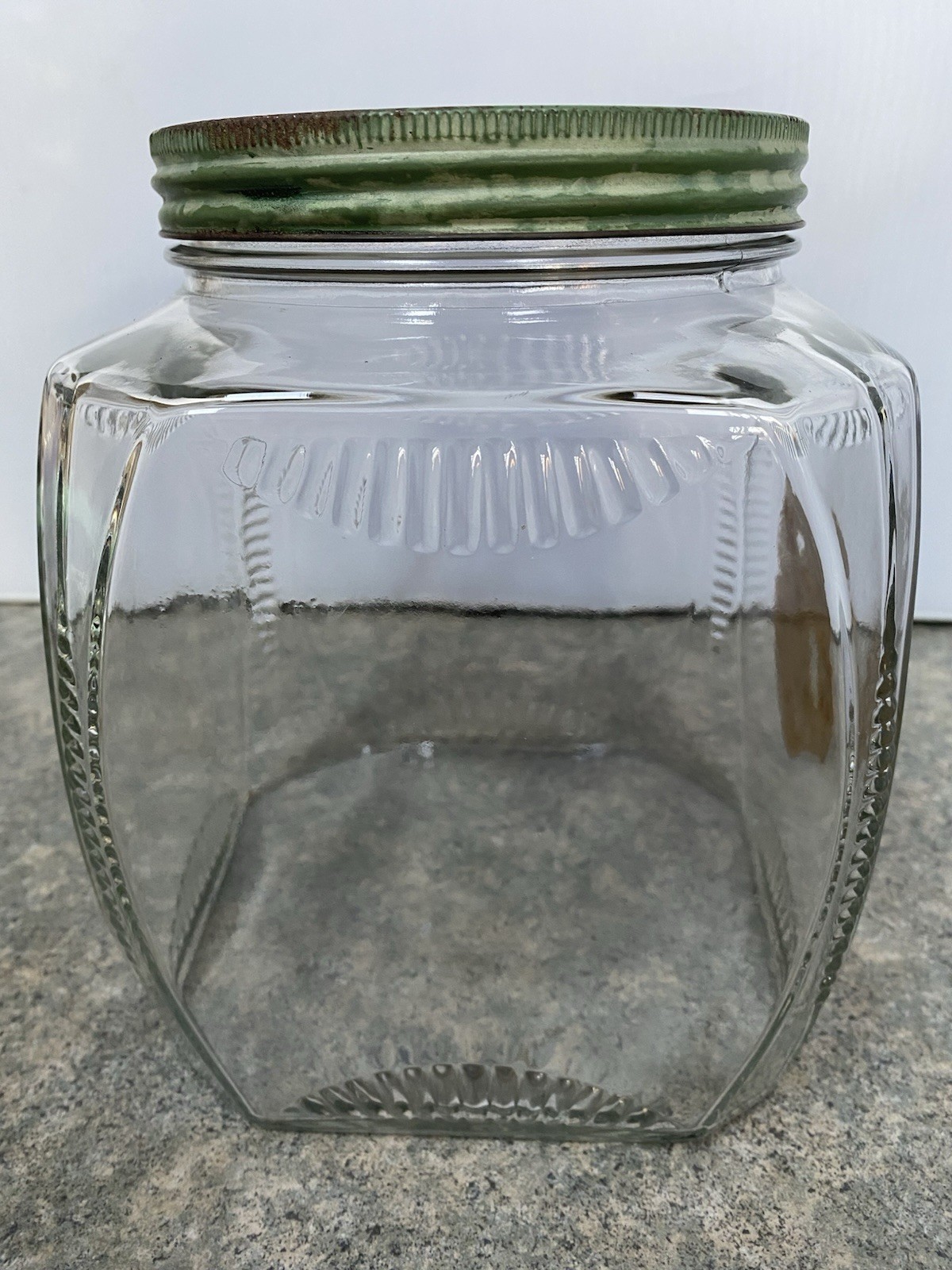 Vintage Square Clear Ribbed Clear Glass Jar w/ Metal Lid Meletios Rolled Herring
