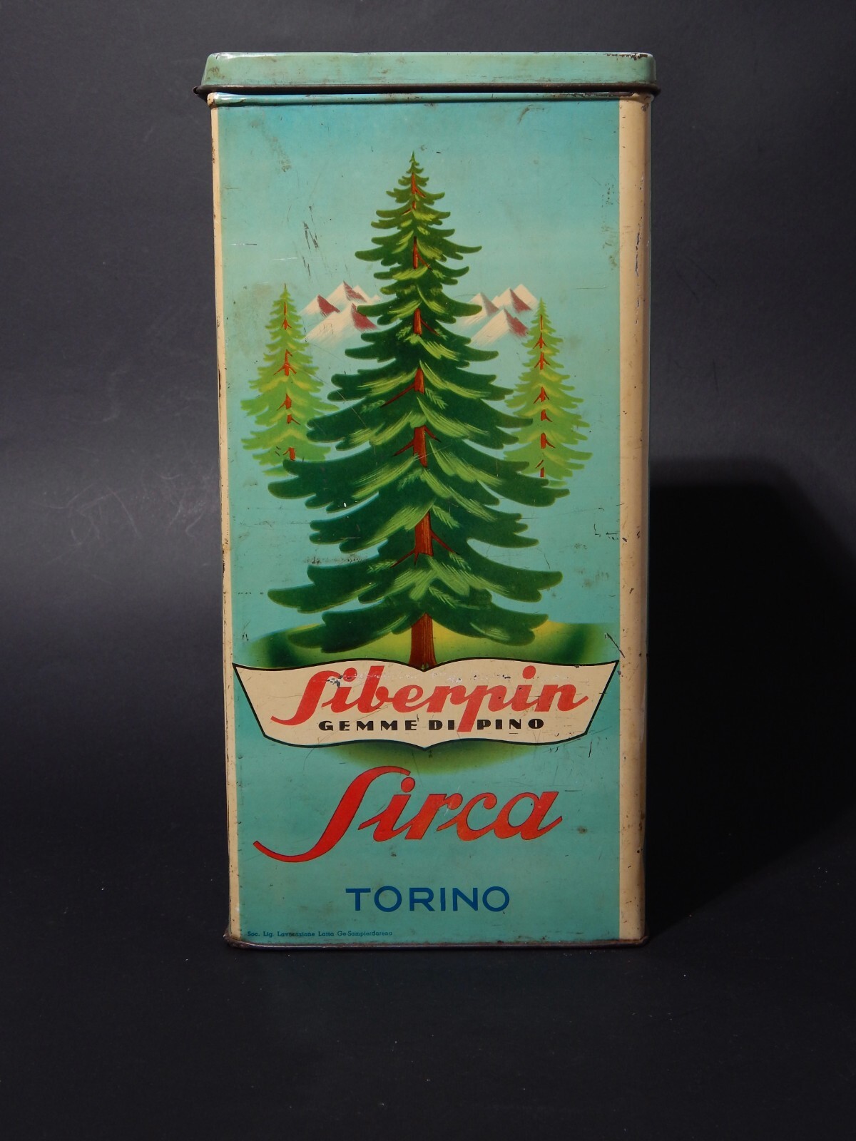 RARE VINTAGE ADVERTISING TIN BOX PINE GEMS SIBERPIN SIRCA TURIN
