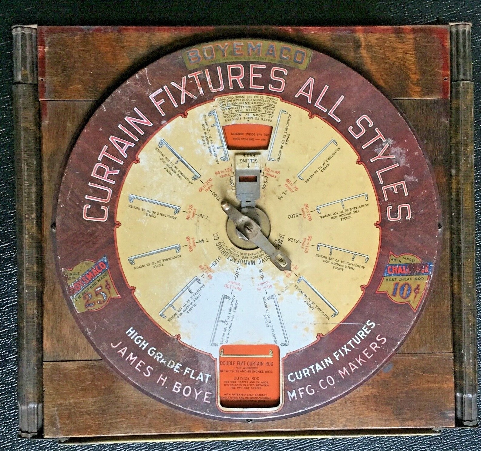 1926 WOODEN BOX w METAL DIAL CHART CURTAIN FIXTURES JAMES H. BOYE MFG CO Chicago