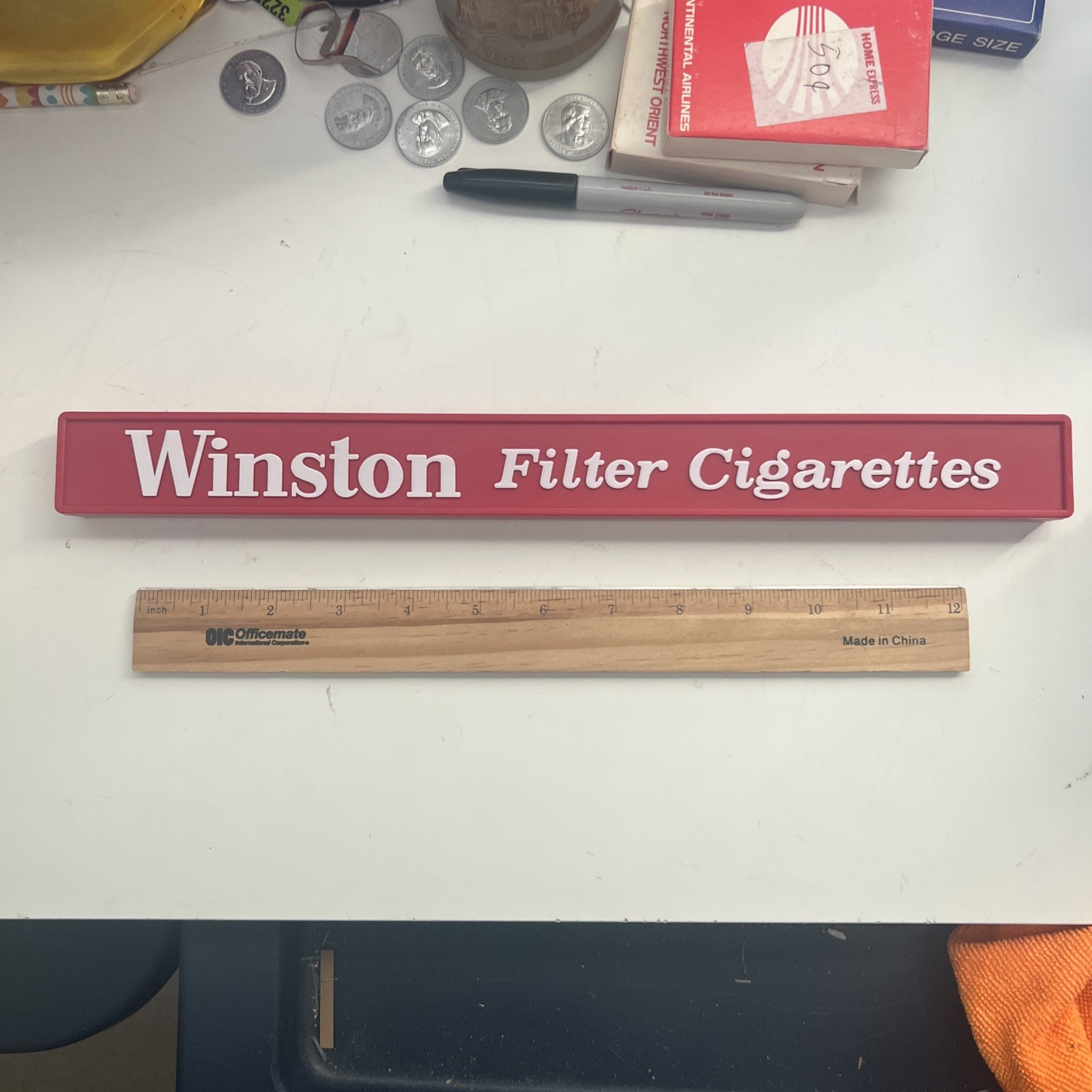 Old Grocery store belt order CheckOut divider cigarette Winston Tobacco Ad 1970s
