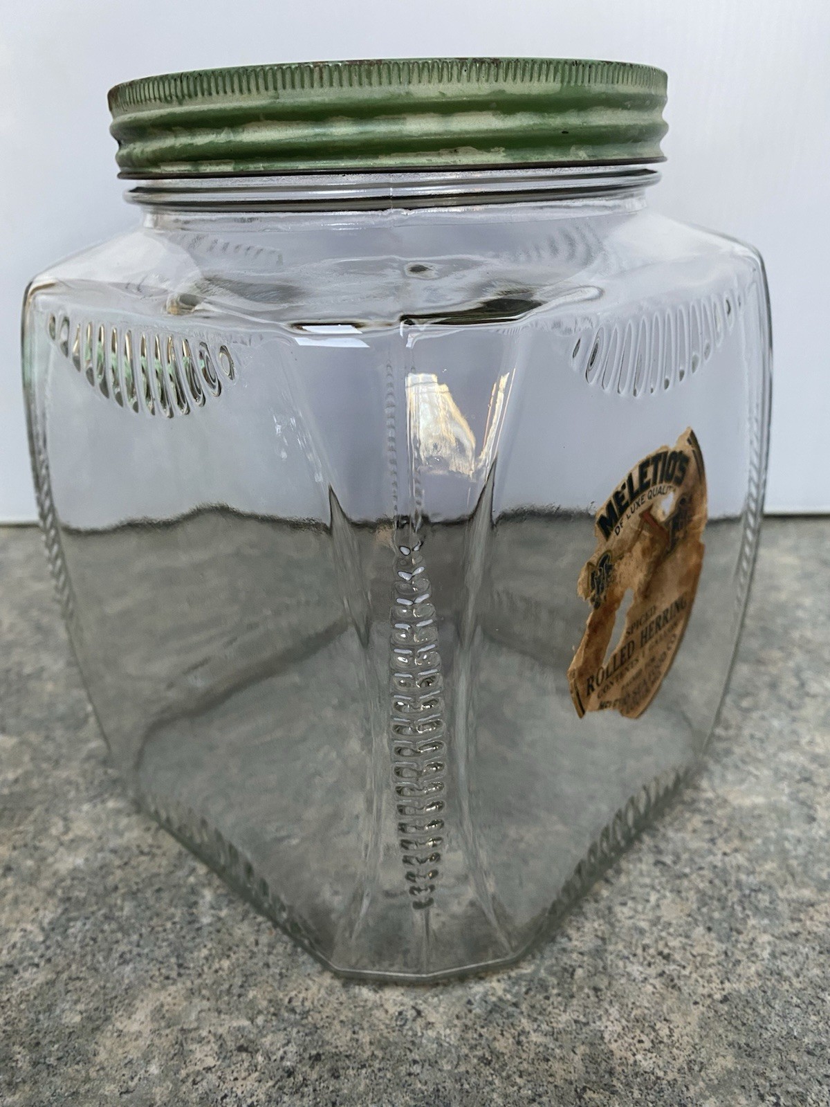 Vintage Square Clear Ribbed Clear Glass Jar w/ Metal Lid Meletios Rolled Herring