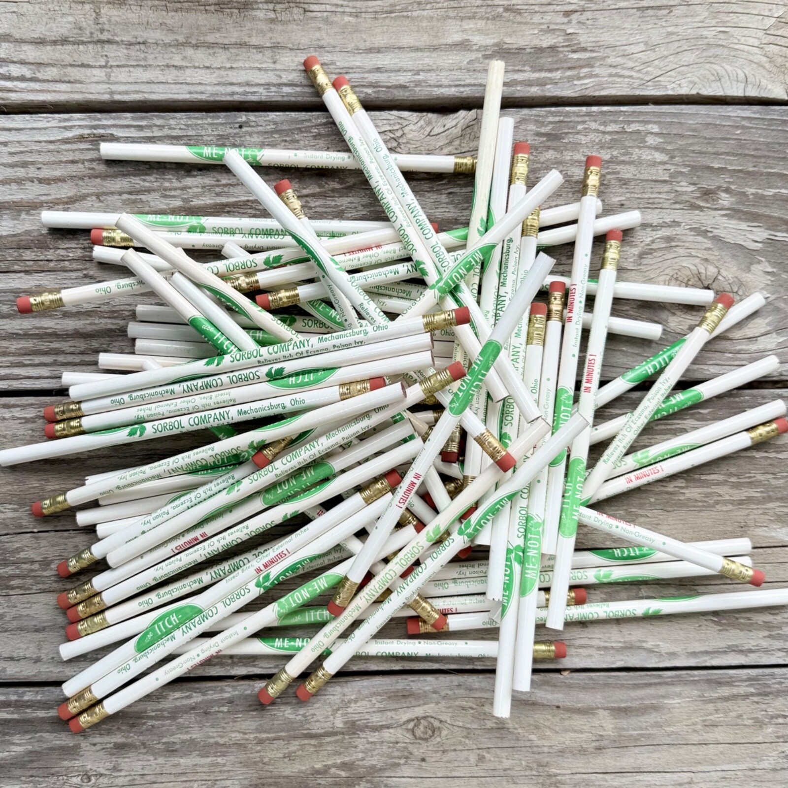 50 WHOLESALE 1930s ITCH-ME-NOT Wooden Advertising Pencils PHARMACY Sorbol Co LOT