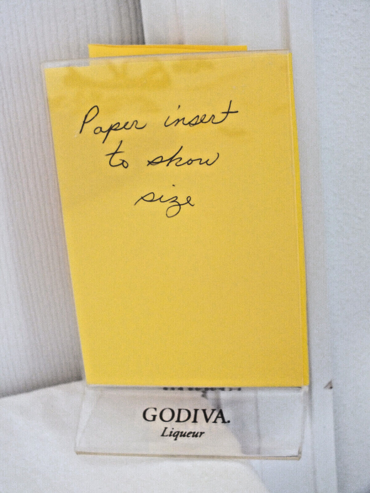 GODIVA LIQUEUR Clear LUCITE plastic display stand vintage 7″ tall 4″ wide bar