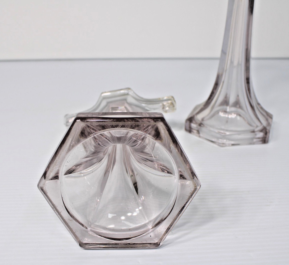 Antique Clear Glass Shelf Risers, Pedestals, Store Display Columns Pair 9″H
