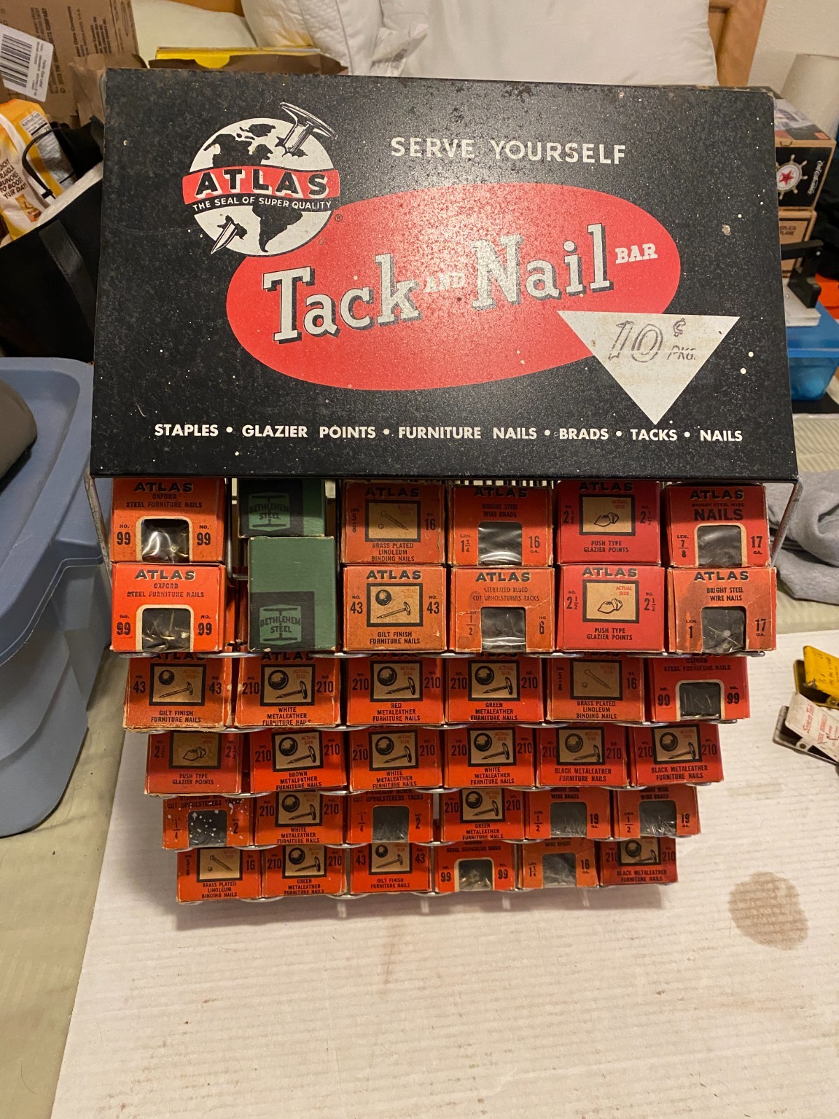 Vintage Atlas Tack and Nail Bar wire rack counter display w/ (65) NOS boxes