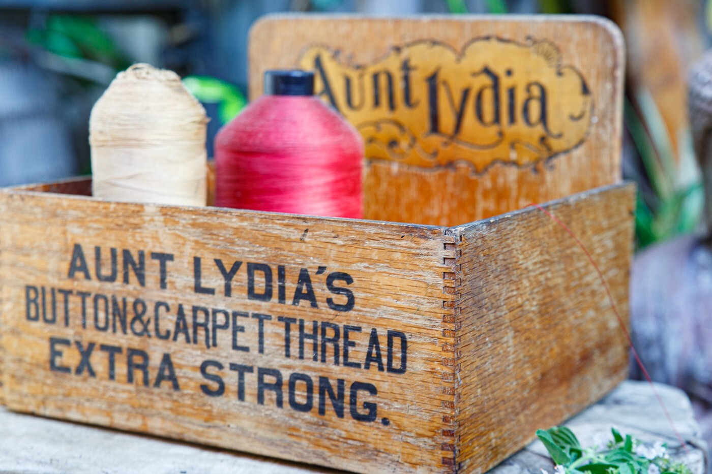 Vintage 1920s Wooden Ad Display Box Aunt Lydia’s Button & Carpet Thread