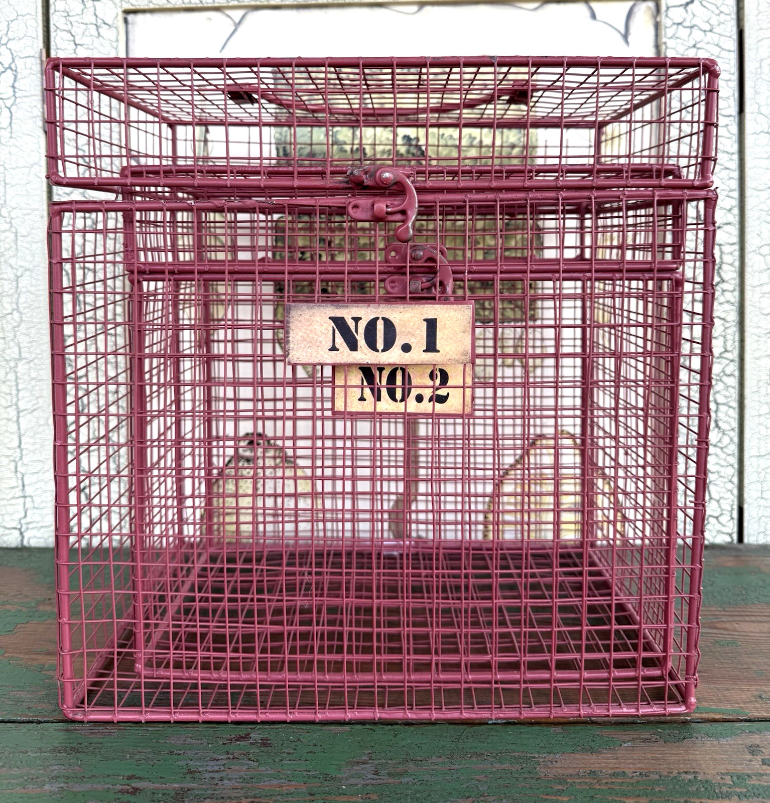 Vintage Pink Metal Wire Cage Crate Industrial Storage Display Box w Number Tags