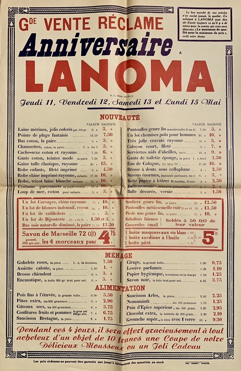 Vtg 1900’s LANOMA Department Store Sale Poster Clothing Wine Versailles France