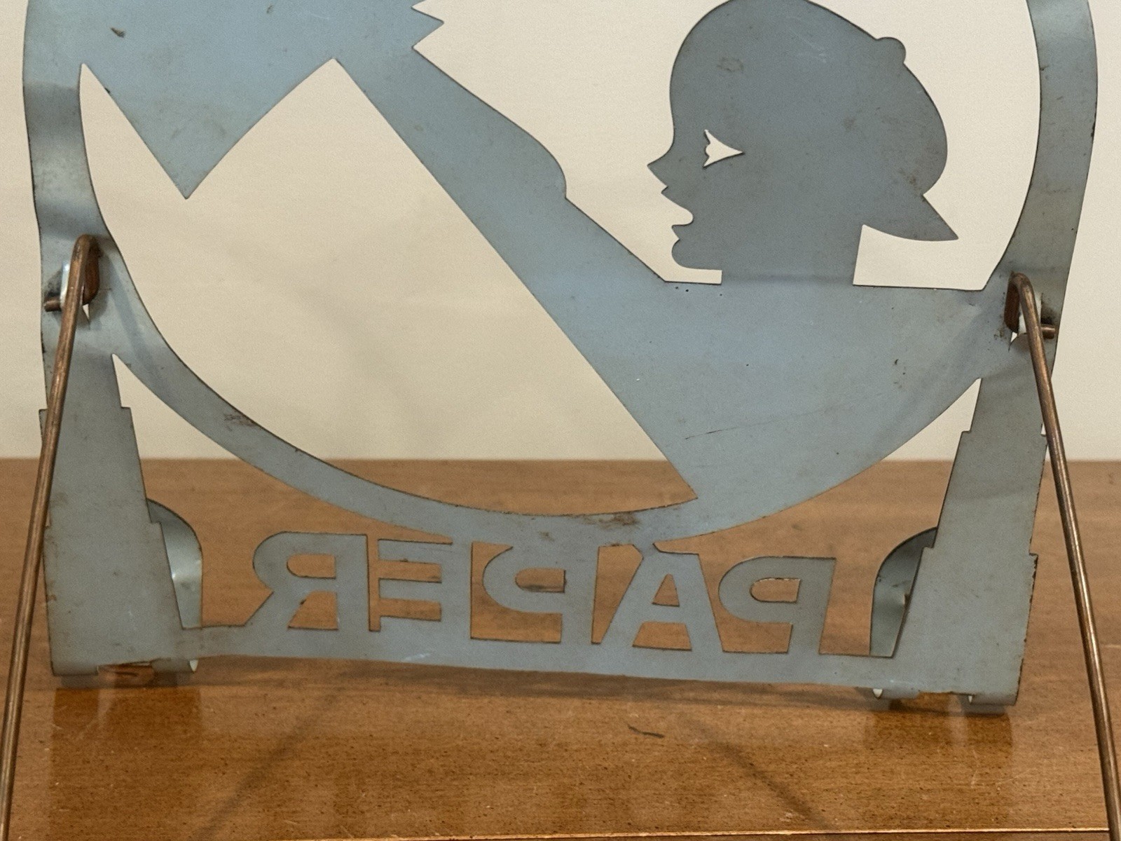 Vintage Art Deco 1920s Newspaper Holder Paper Boy Cutout Metal Stand (ey)