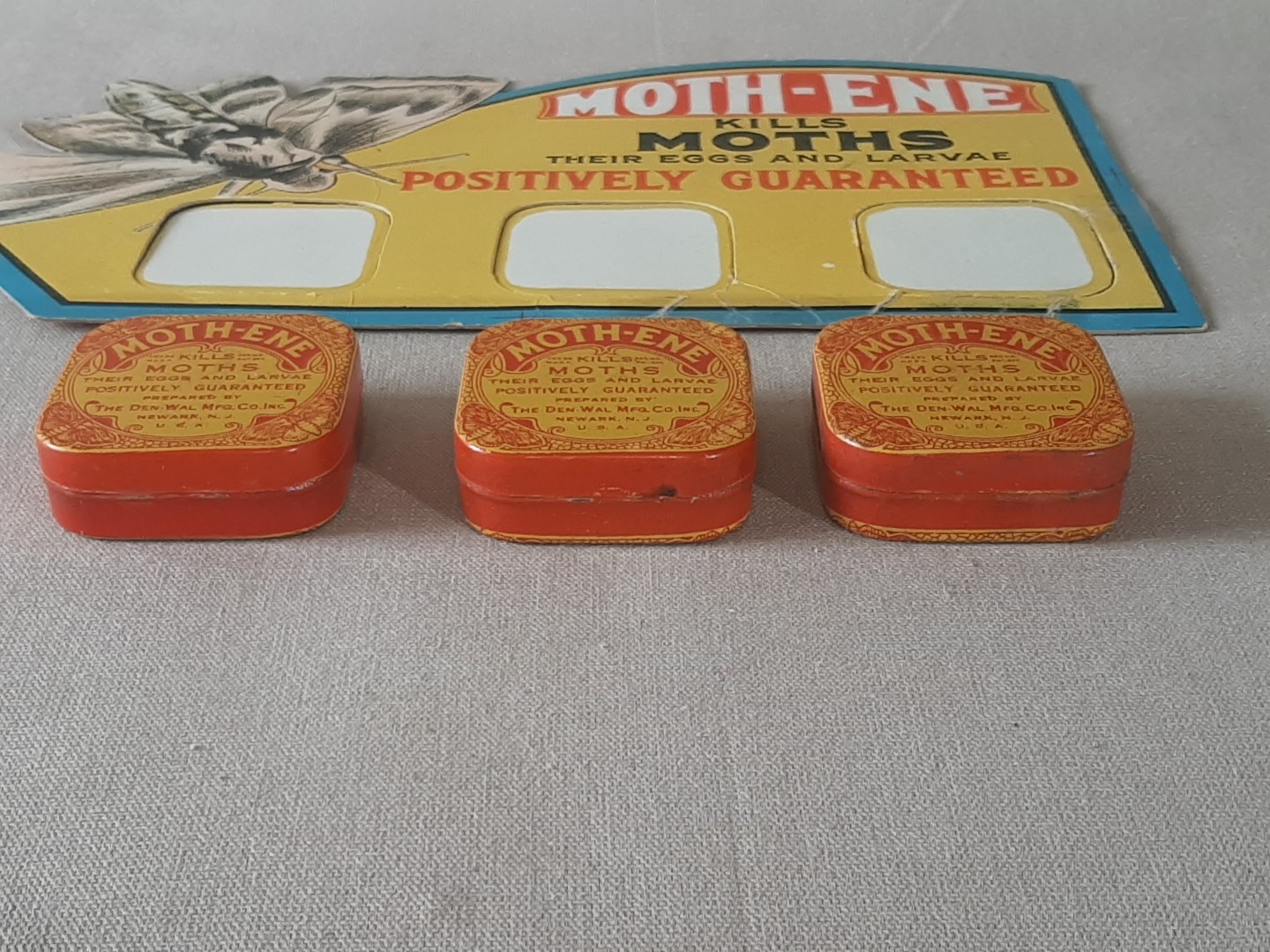Vintage Diecut Cardboard Sign Store Display Moth-ene Moth Tin Cans mfg Newark NJ